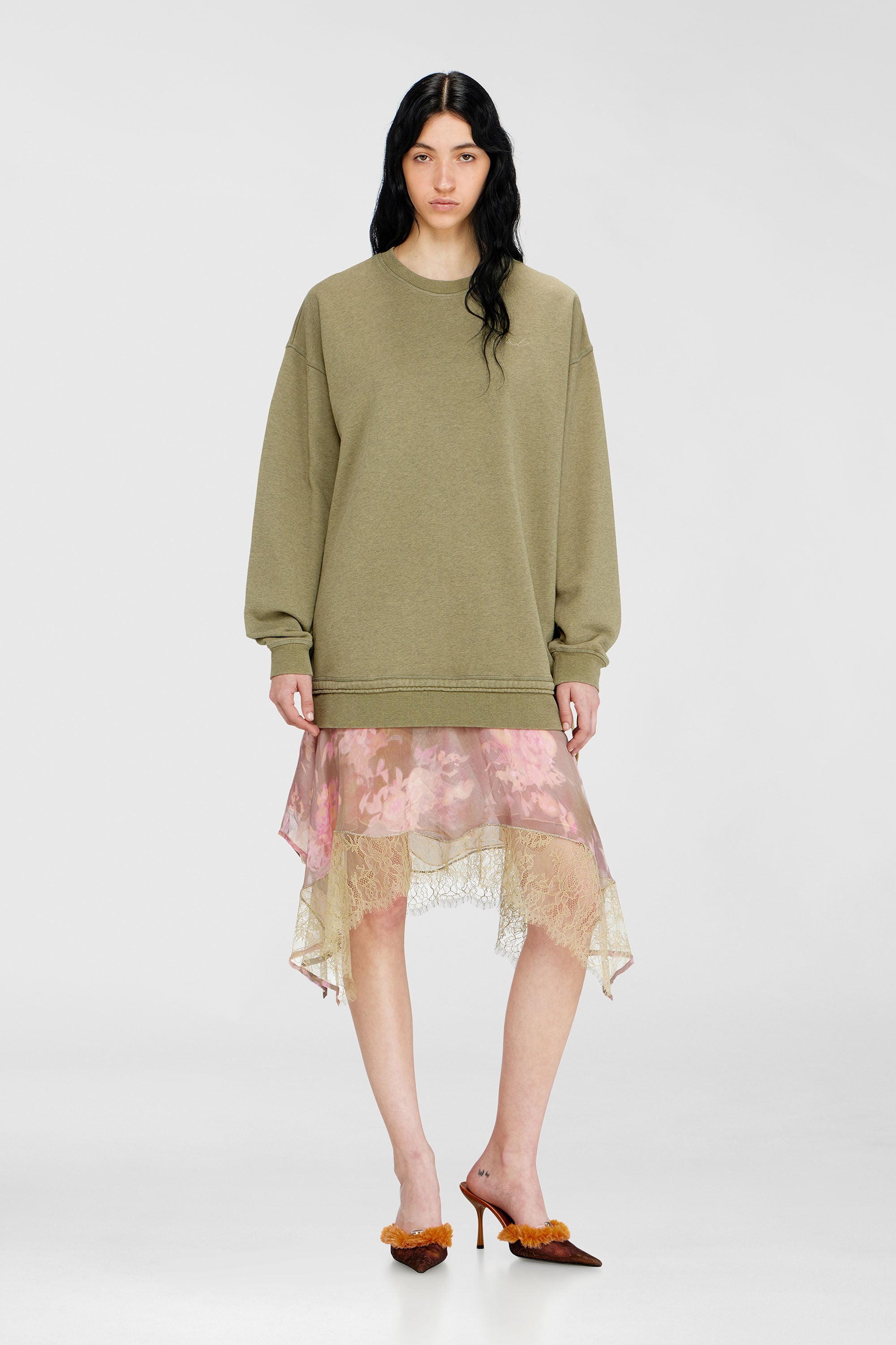 Diesel - D-ORELY, Damen Sweatshirt-Kleid mit Chiffon- und Spitz Rock in Rosa/Gr&uuml;n - 3