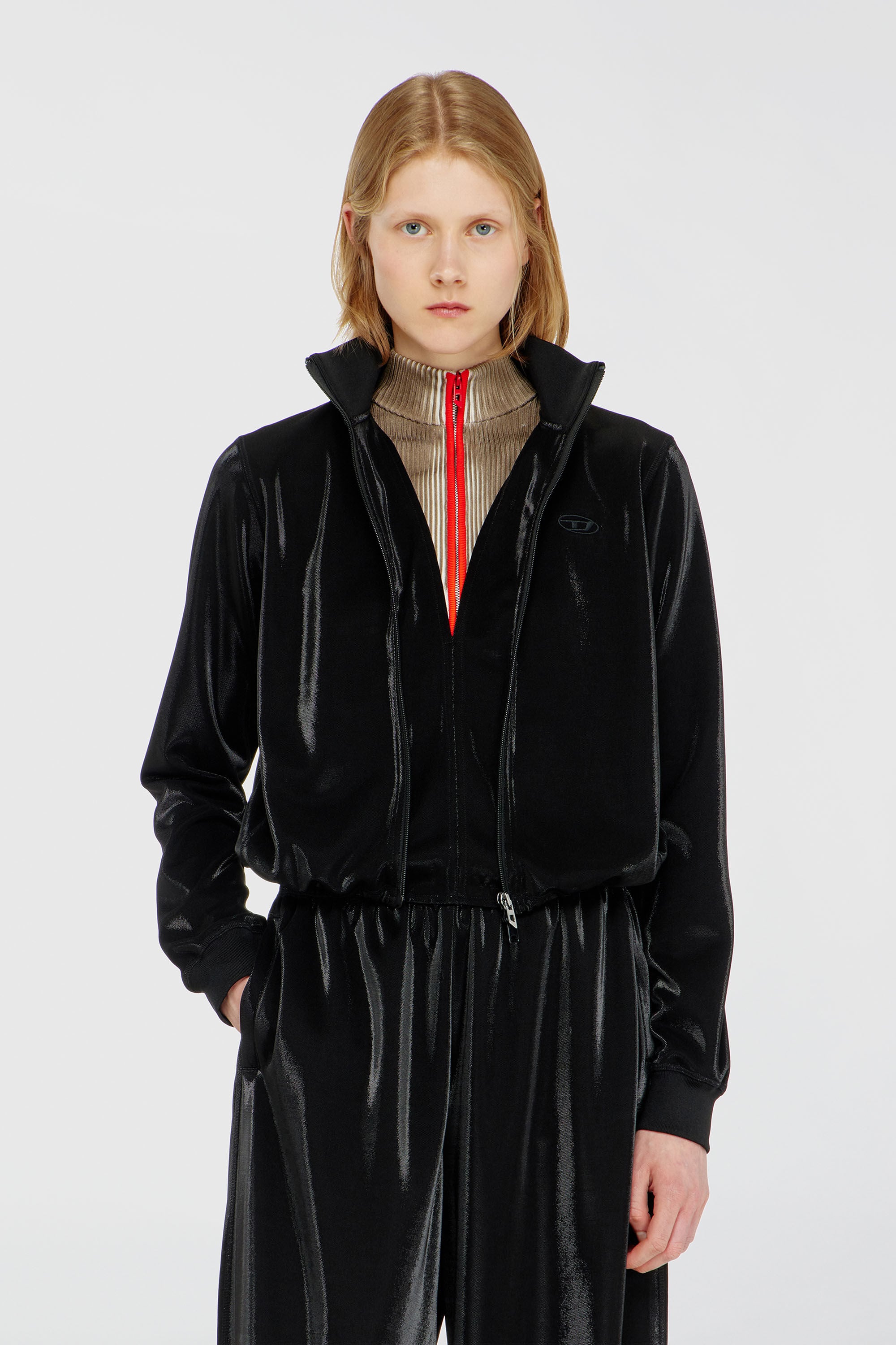 Diesel - F-ROSY, Felpa con zip effetto piquet lucido Donna in Nero - 3