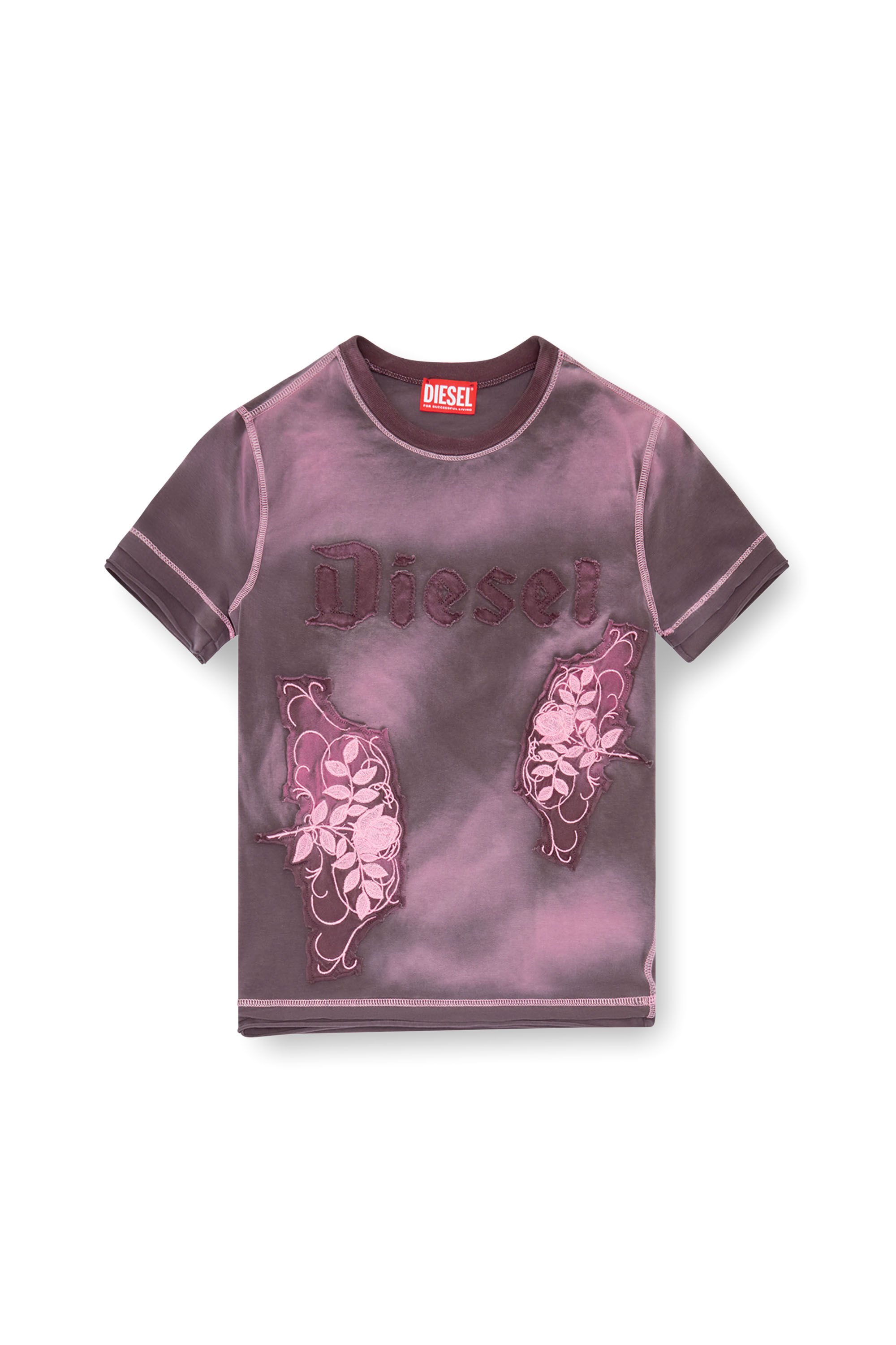 Diesel - T-UNCUT, Damen T-Shirt mit aufgestickten floralen Patches in Violett - Image 2