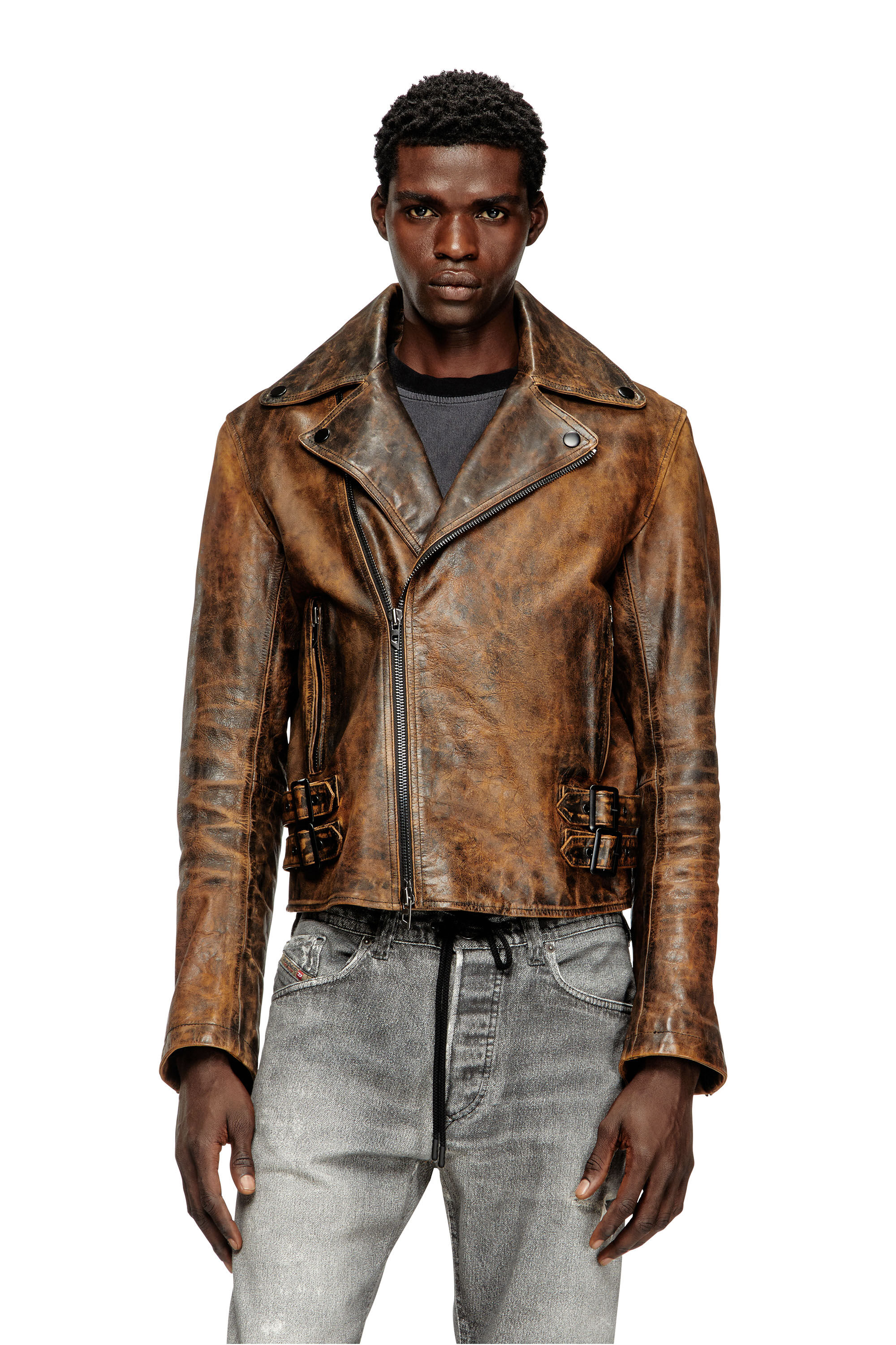 Diesel - L-EON, Blouson de motard en cuir traité Homme in Marron - 3