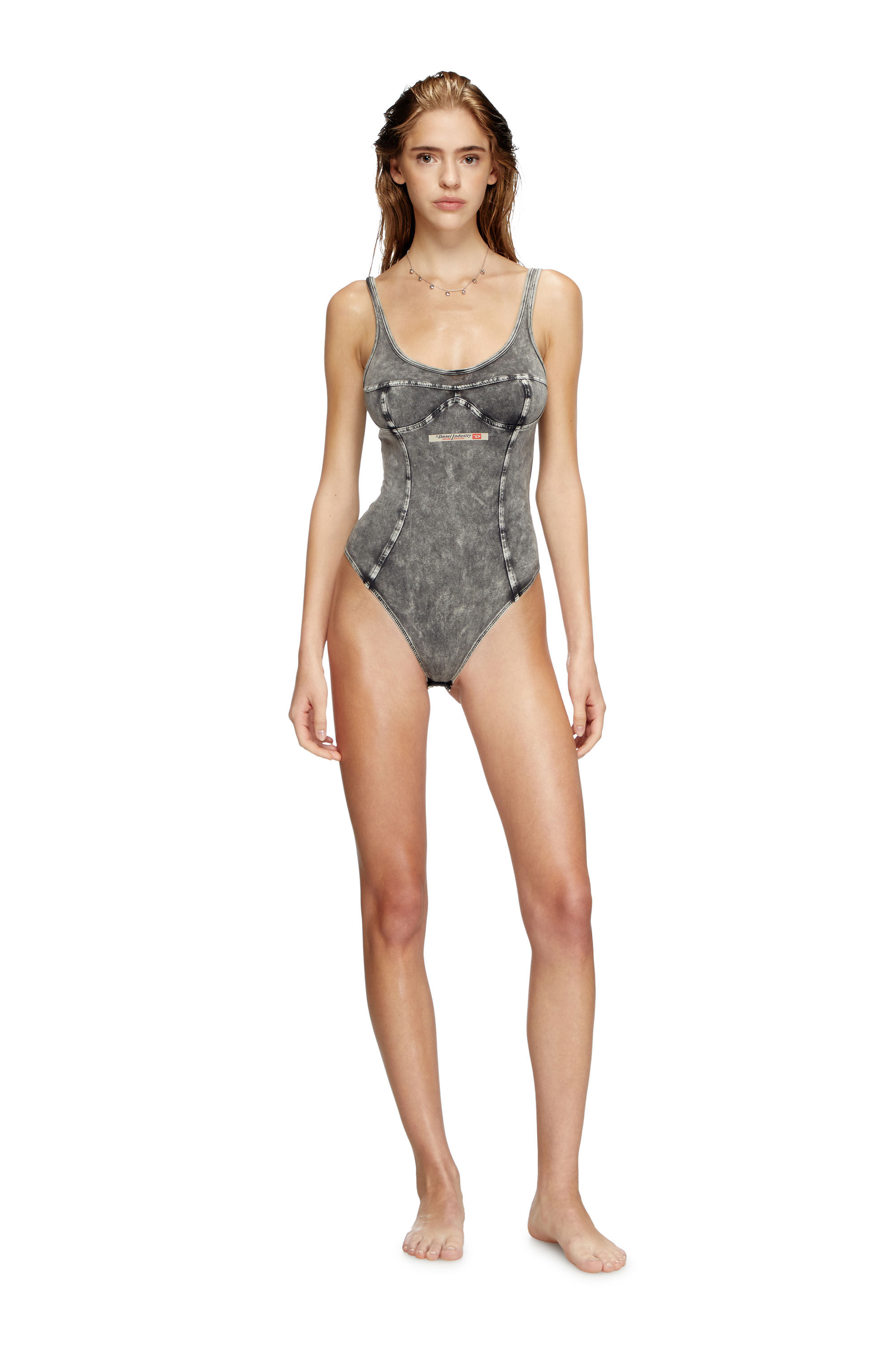 Diesel - UFBY-DENIM-CAMI-BODYSUIT, Body in jersey effetto denim Donna in Grigio - 1