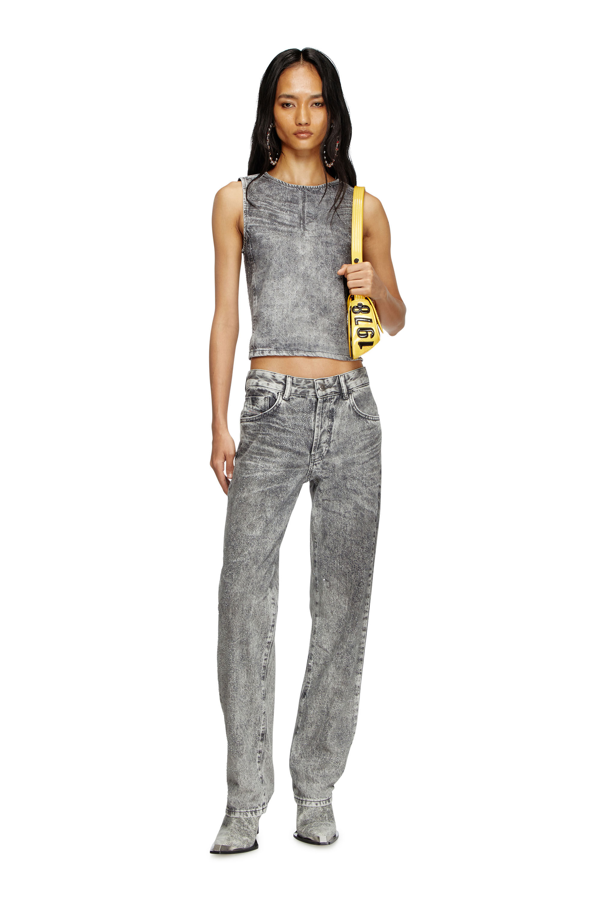 Diesel - DE-PINAR-S, Top a canotta in denim con cristalli Donna in Grigio - 1