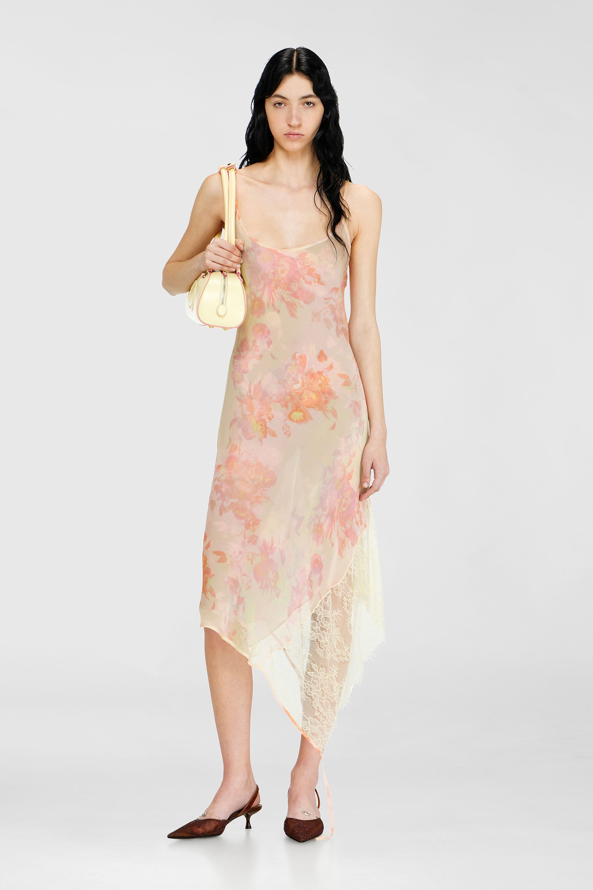 Diesel - D-ANCEL, Damen Midikleid aus Satin mit Blumenmuster und Spitzenbesatz in Rosa/Gelb - 1