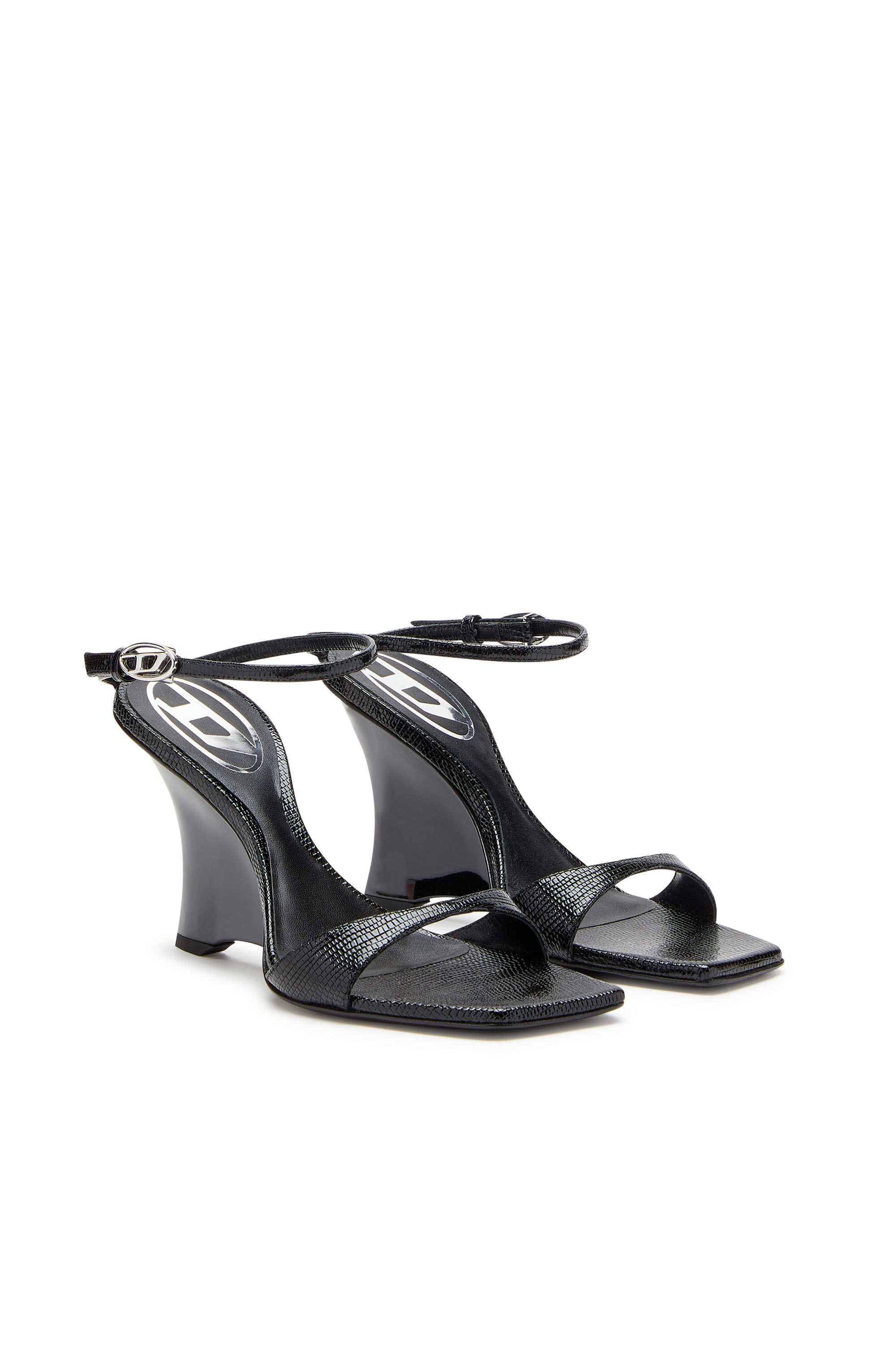 Diesel - D-AMBER SANDAL WEDGE, D-Amber-Sandali a zeppa in pelle effetto lucertola Donna in Nero - 2