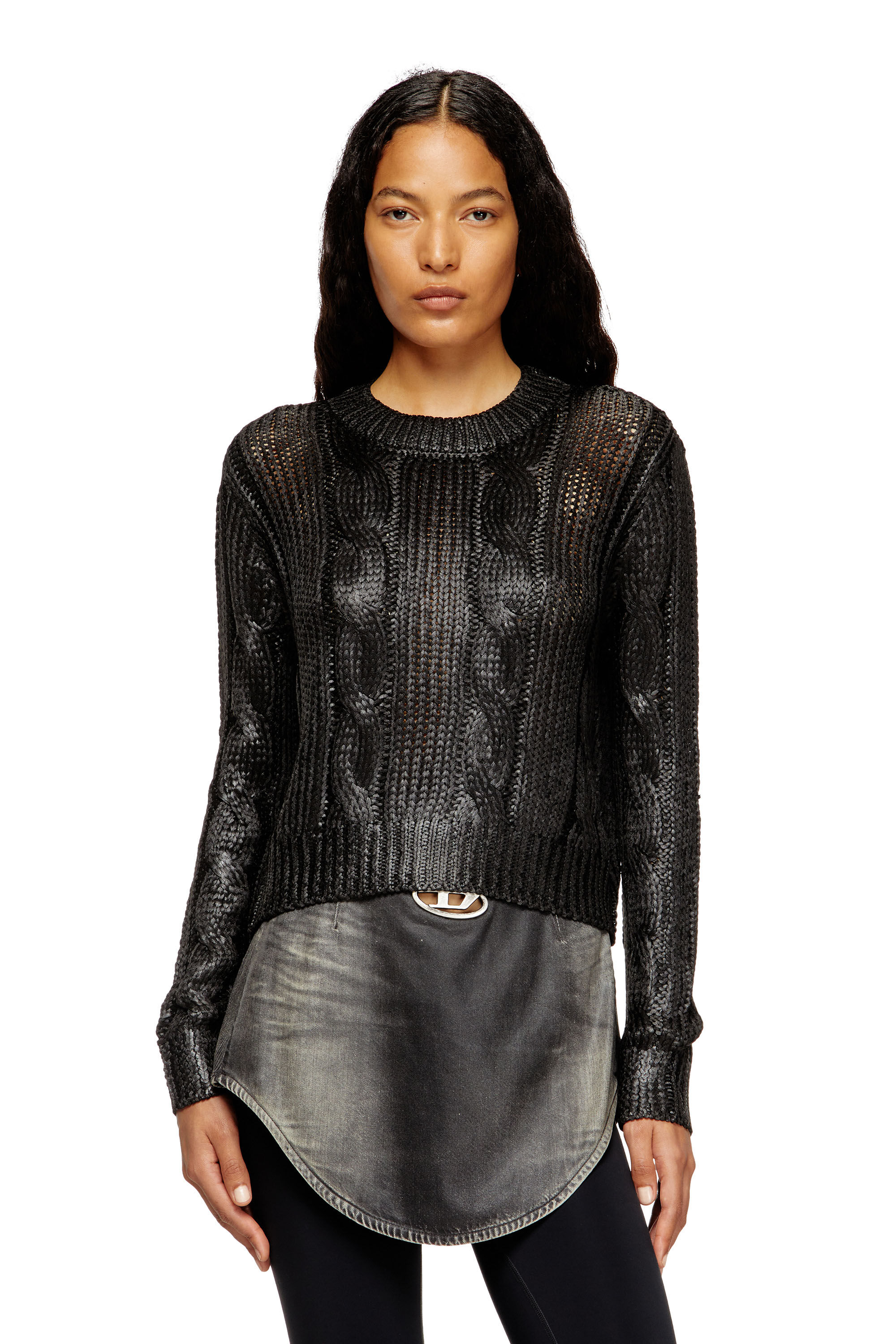 Diesel - M-MICCHA, Maglia con lavorazione a treccia e effetto shiny Donna in Nero - 3