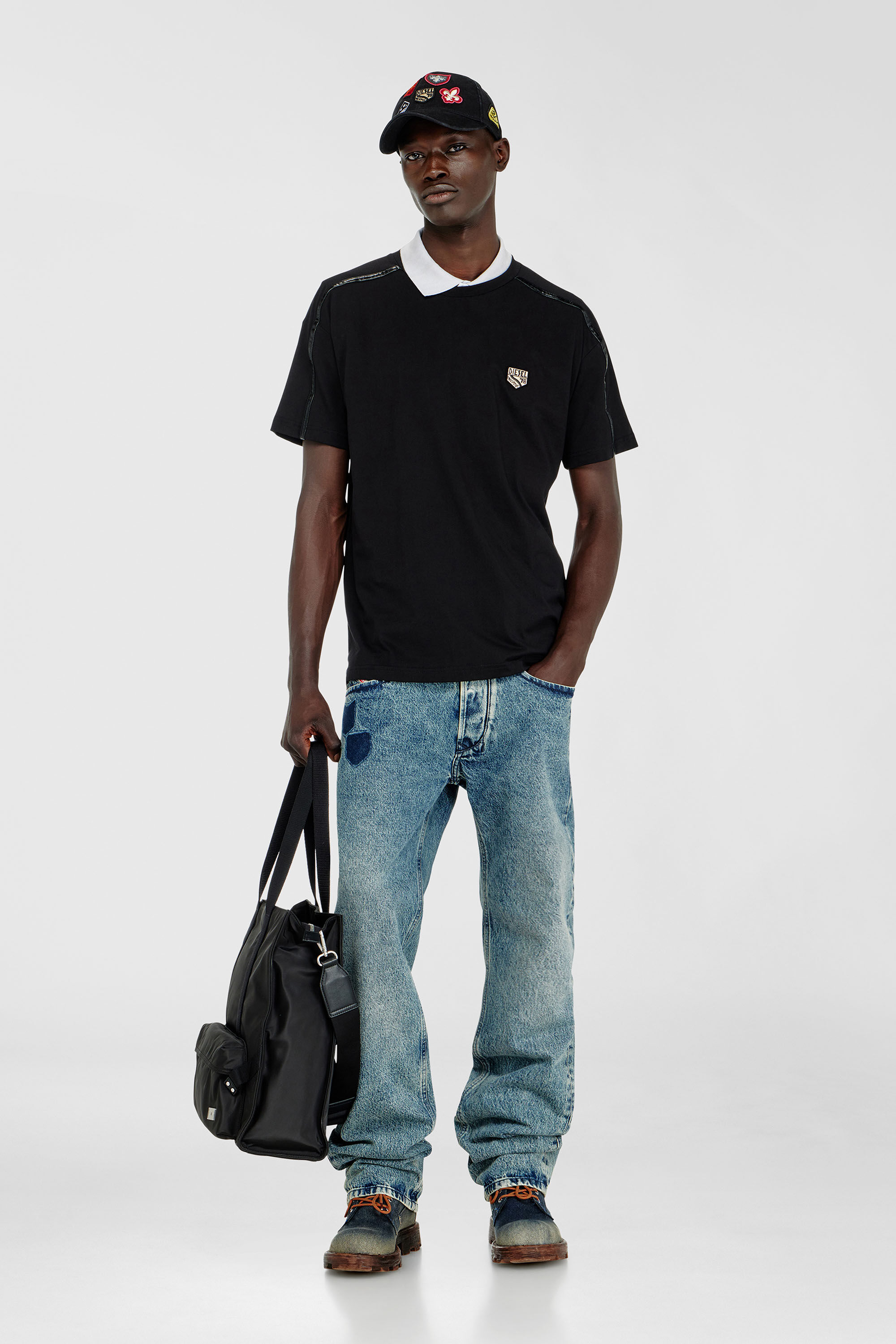 Diesel - T-NORM-FL, Herren T-shirt mit Kontrastabschl&uuml;ssen und Logo patch in Schwarz - 1