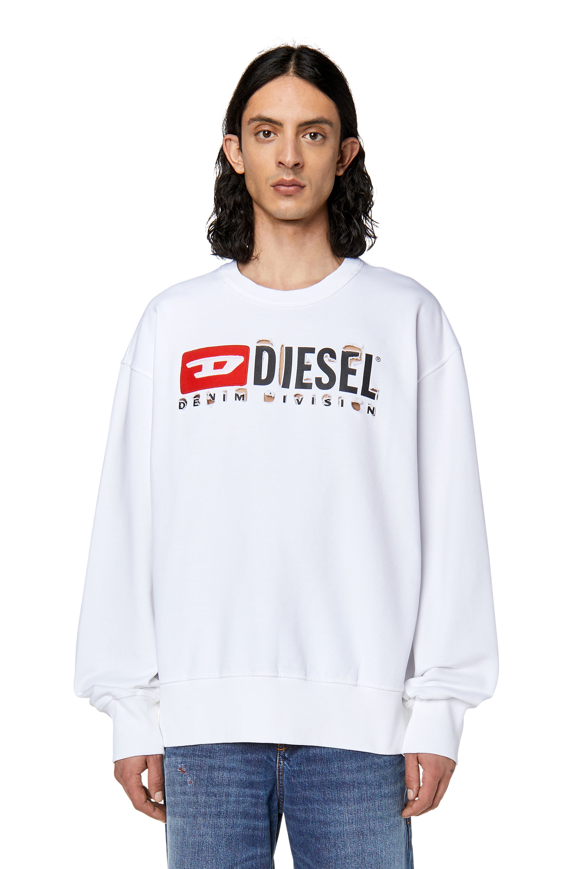 Diesel - S-MACS-DIVSTROYED, Sweat-shirt avec lettrage peel-off Homme in Blanc - 3