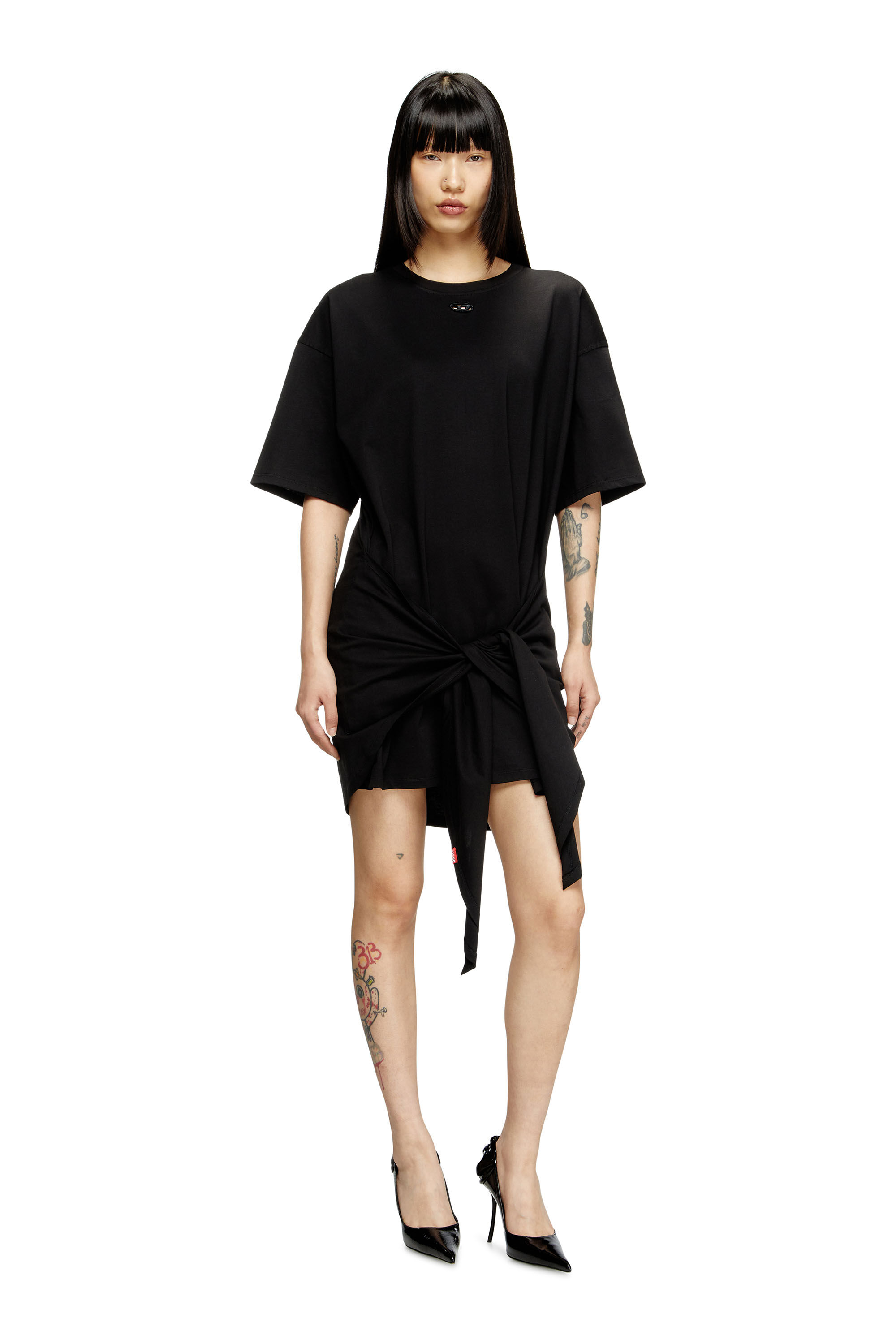 Diesel - D-EIVOR, Damen T-Shirt-Kleid mit Bindeband auf der Vorderseite in Schwarz - 3