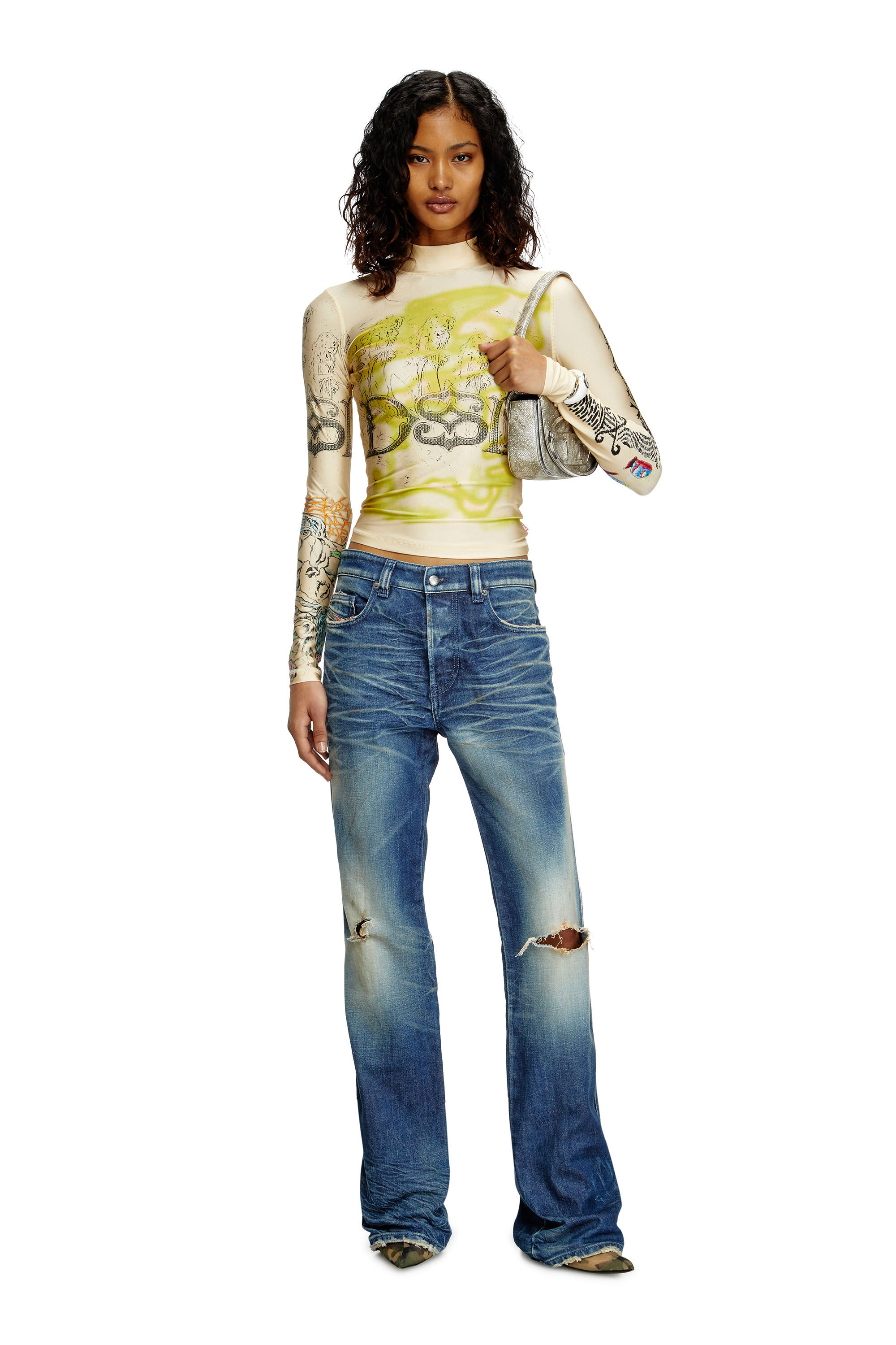 Diesel - T-IMUN, Damen Rollkragentop mit Tattoo-Print in Beige - 1
