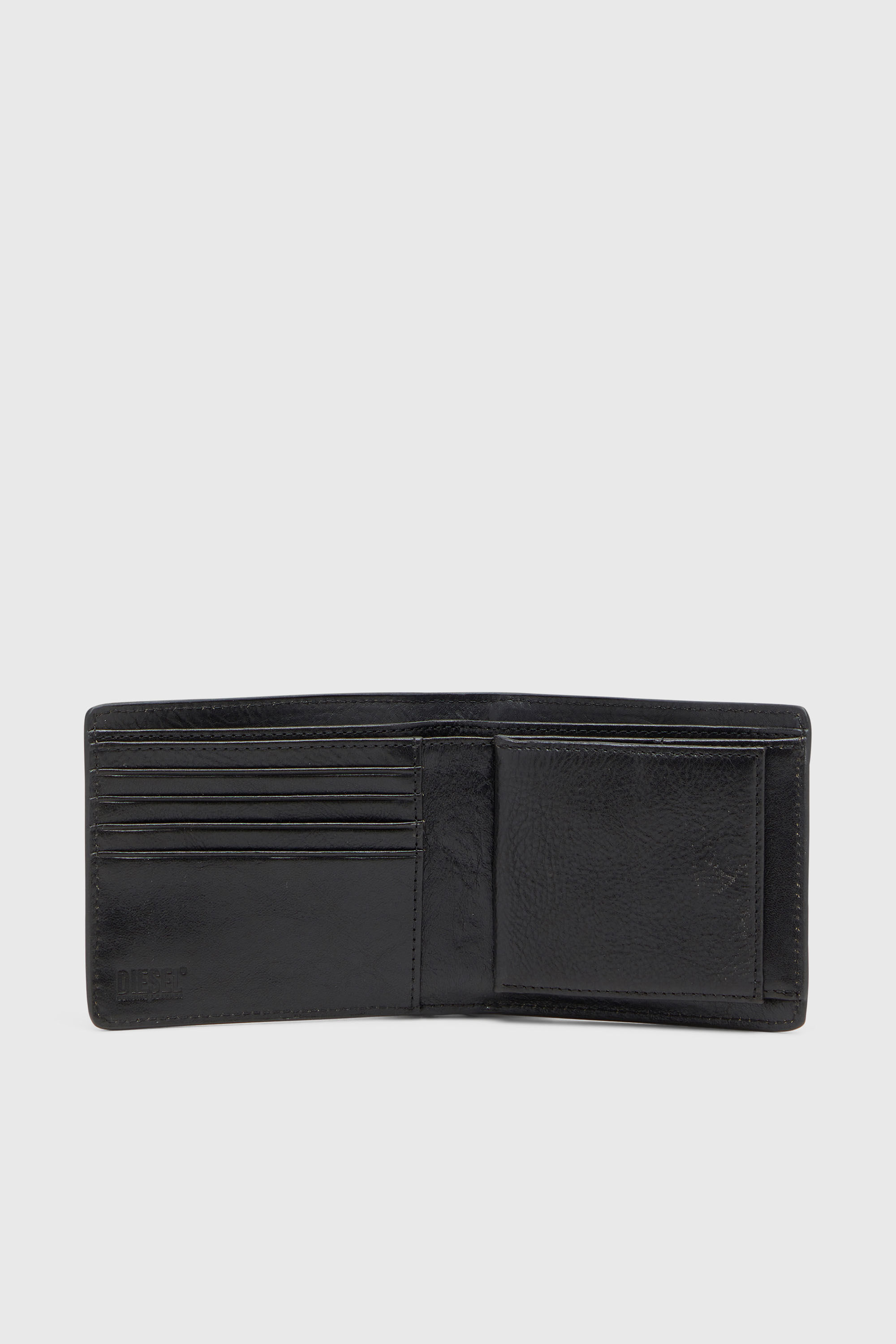Diesel - FLAG-D BI-FOLD COIN S 3D, Herren Zweifach gefaltete Lederbrieftasche mit gepr&auml;gtem Logo in Schwarz - 3