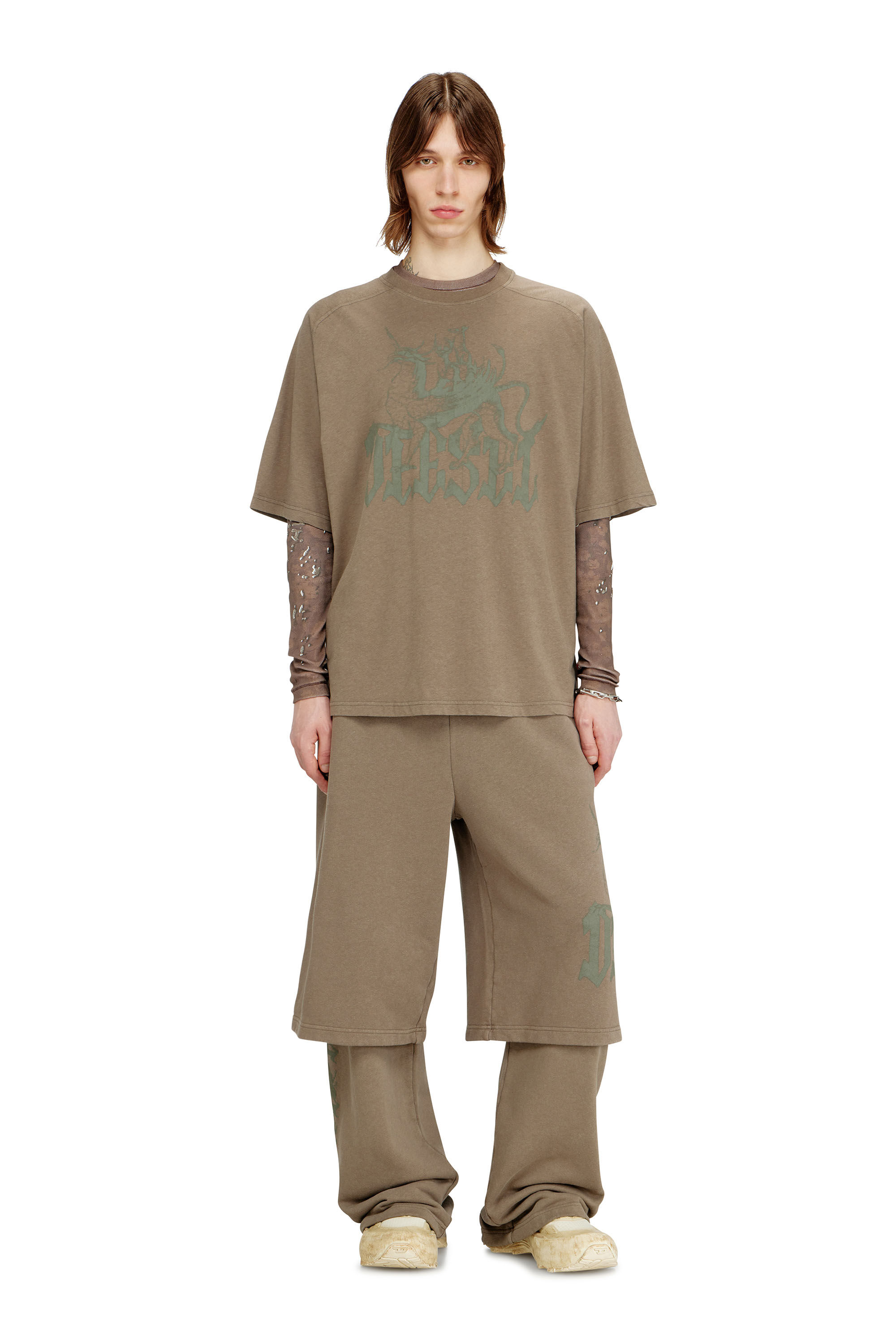 Diesel - T-JUSSI-A, Herren Bedrucktes T-Shirt aus Baumwolle und Hanf in Beige - 1