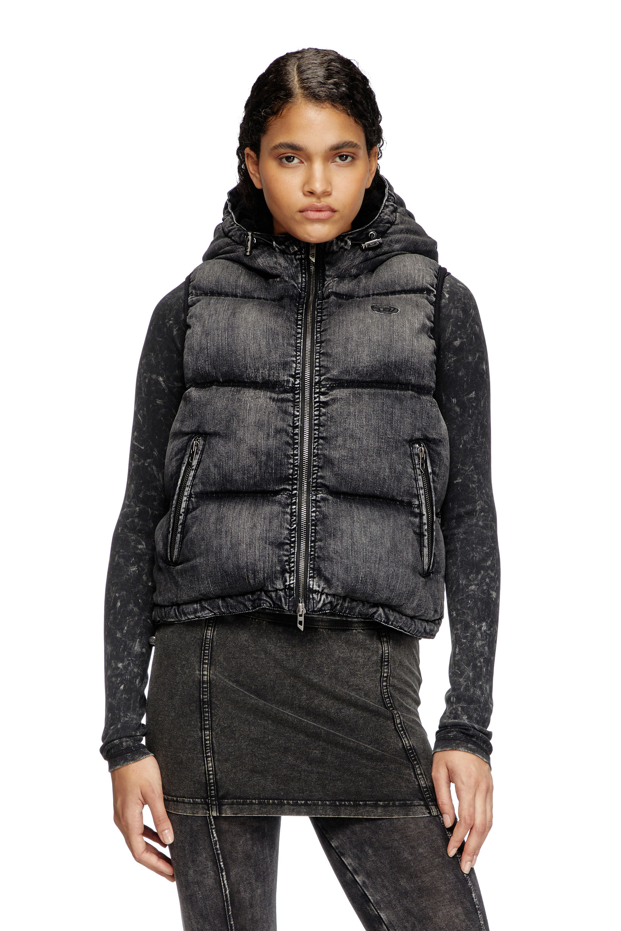 Diesel - W-HOPPER, Gilet matelassé à capuche en denim délavé Femme in Noir - 3