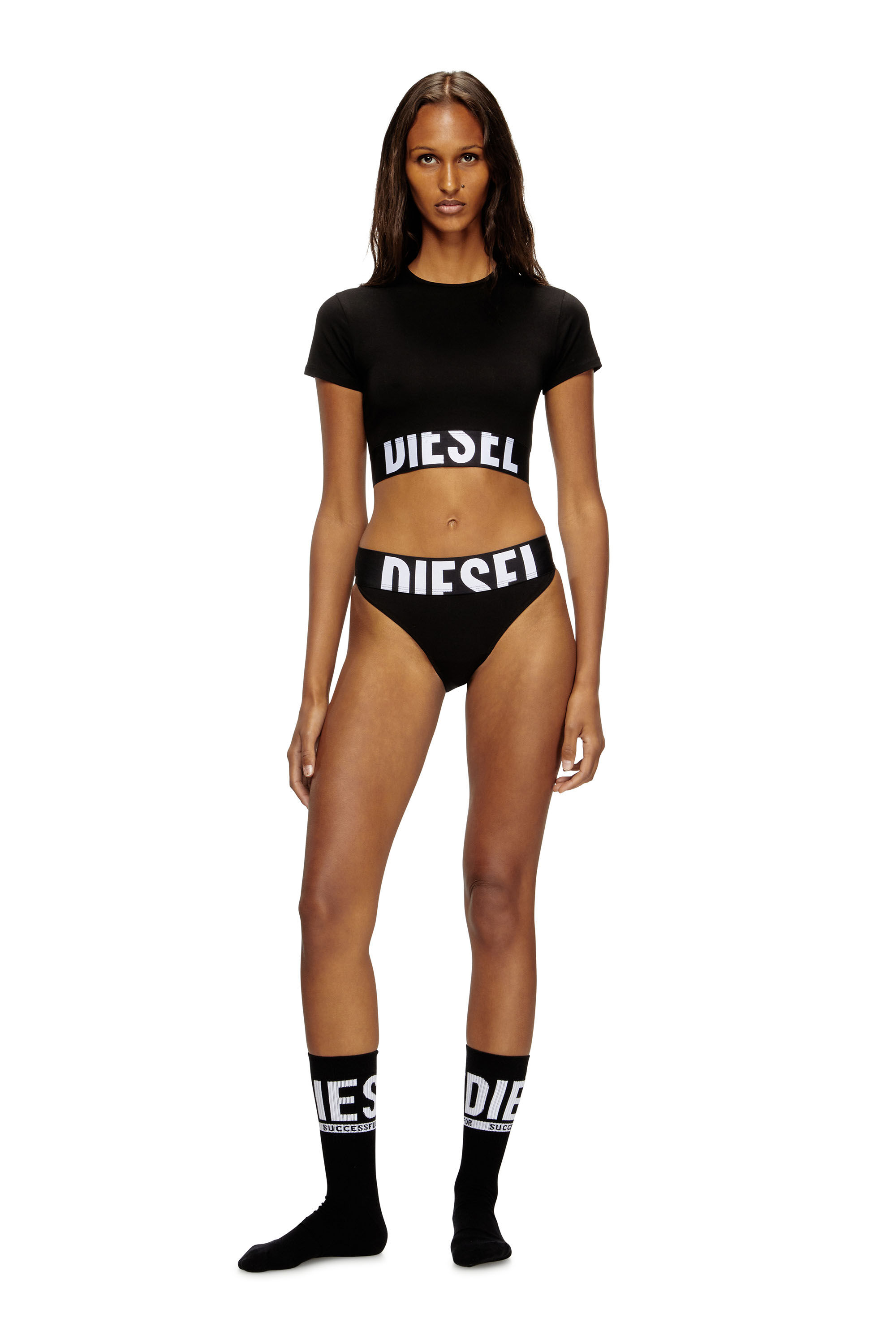 Diesel - UFTEE-SPORT-CROPPED-T-SHIRT, Top crop sportif avec bande à logo Femme in Noir - 1