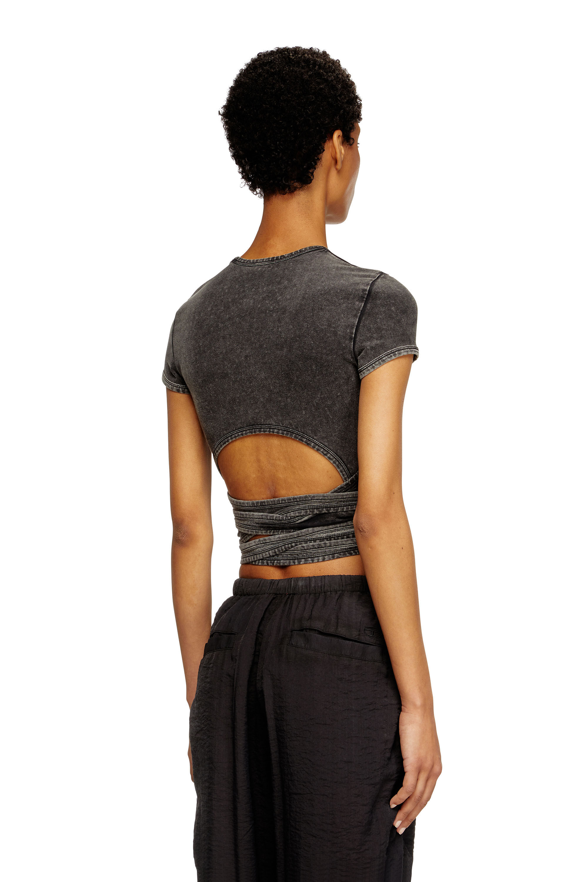 Diesel - T-BUNNY-TAIL-R1, T-shirt effetto denim con lacci incrociati Donna in Nero - 4