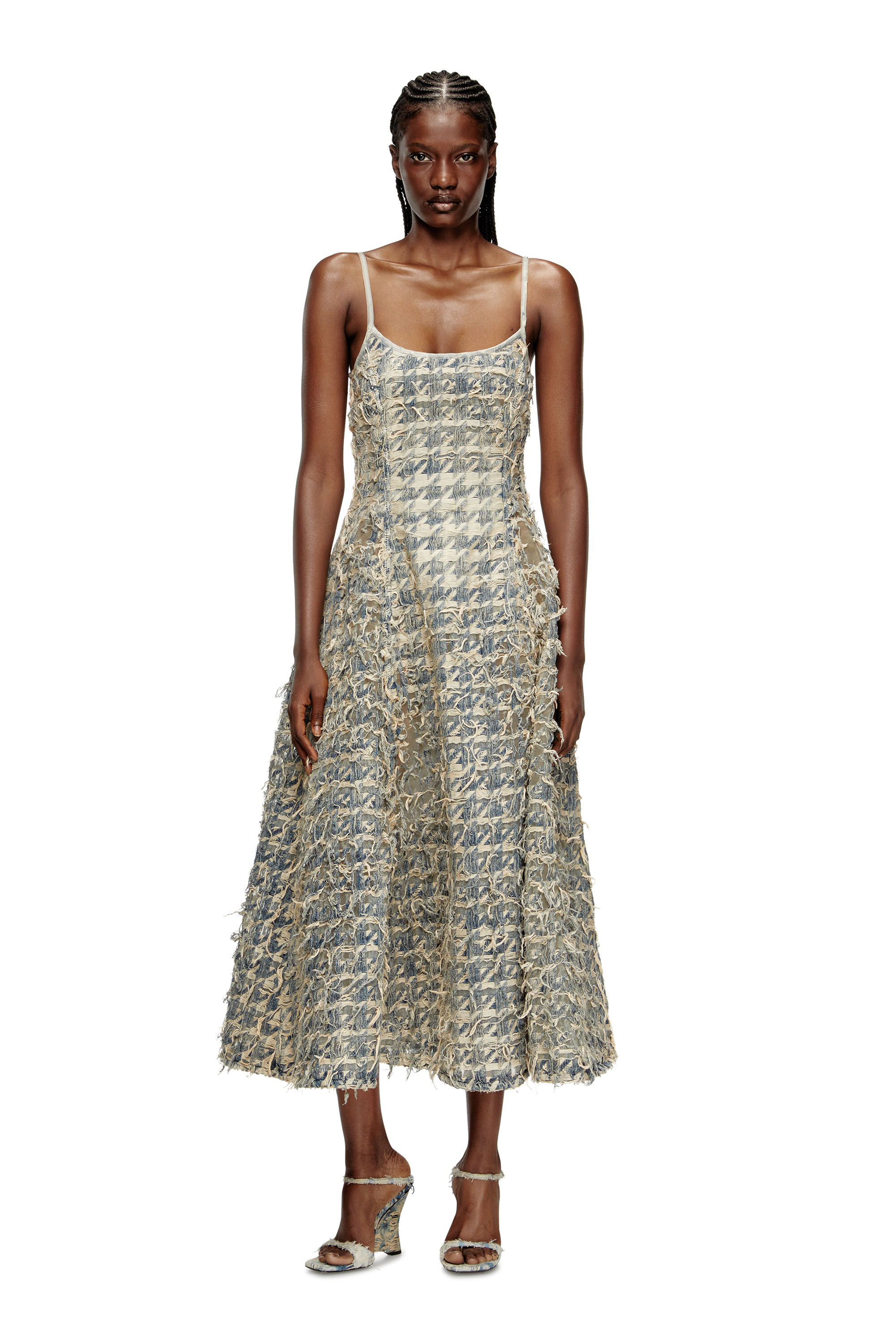 Diesel - DE-SWEENEY-LONG-FSH, Damen Langer Rock aus Dévoré-Hahnentritt-Denim in Hellblau - 1