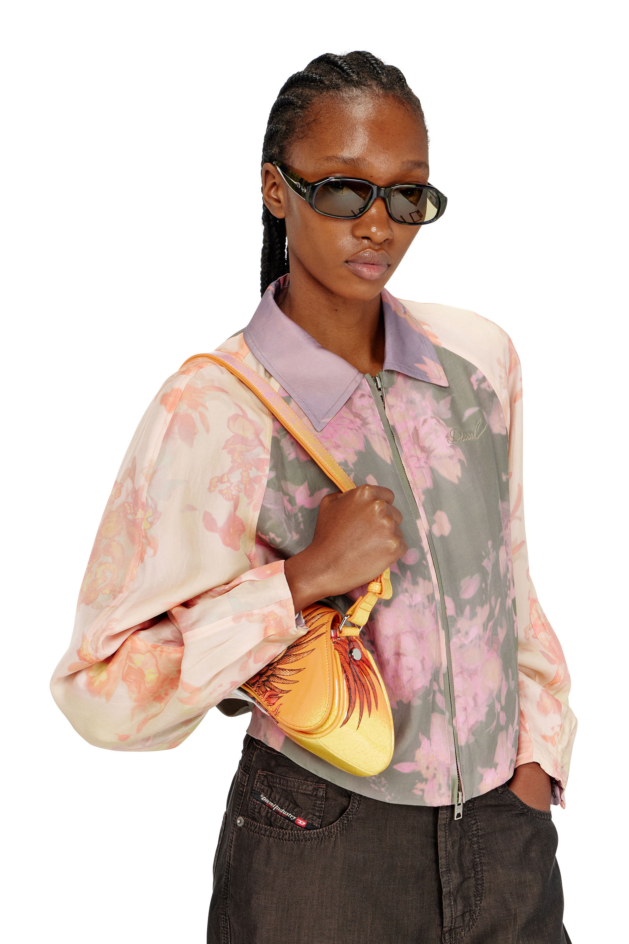 Diesel - G-ALENA, Blouson bomber fleuri en ac&eacute;tate froiss&eacute; Femme in Polychrome - 5