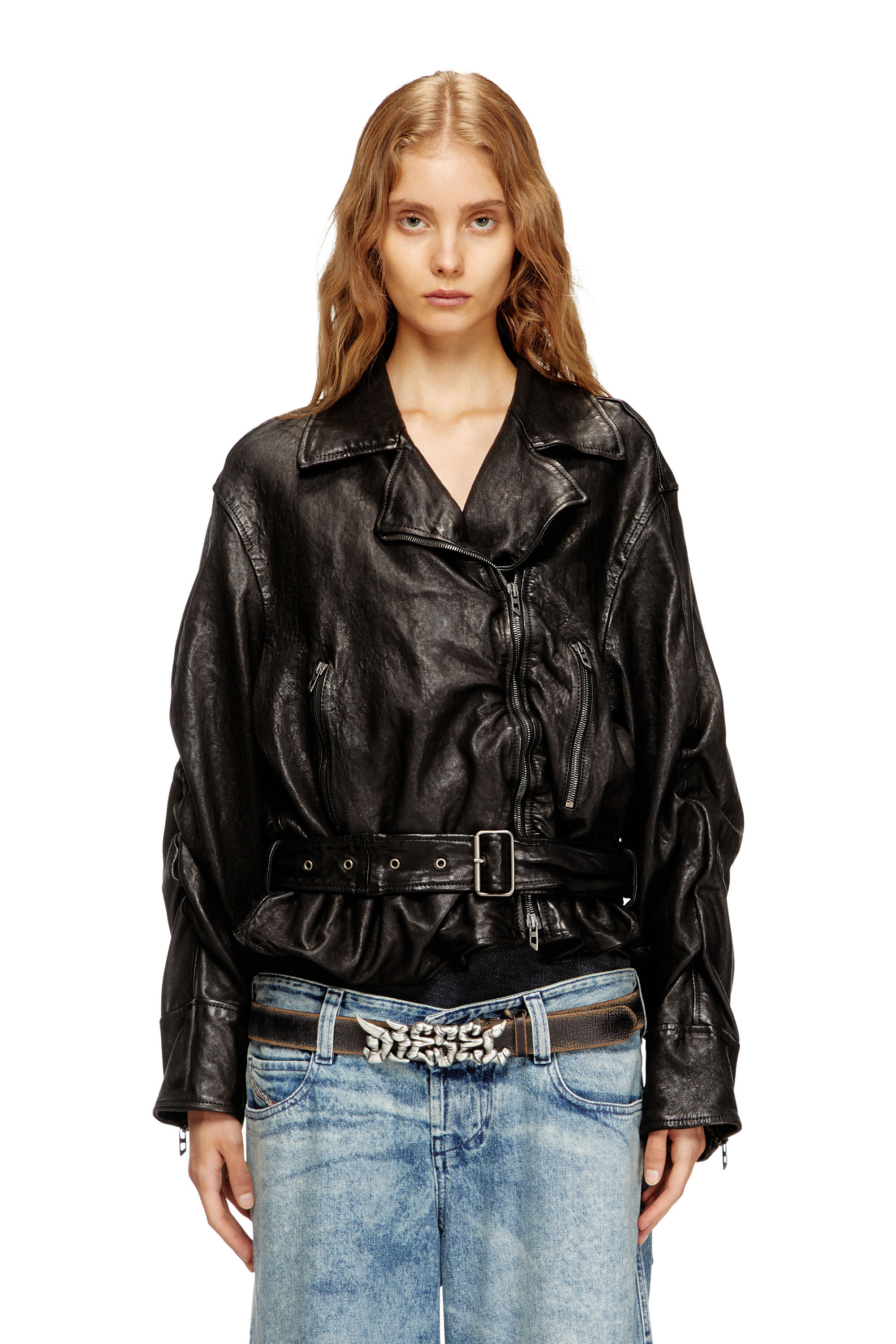 Diesel - L-OYS, Veste à ceinture en cuir bouilli Femme in Noir - 3