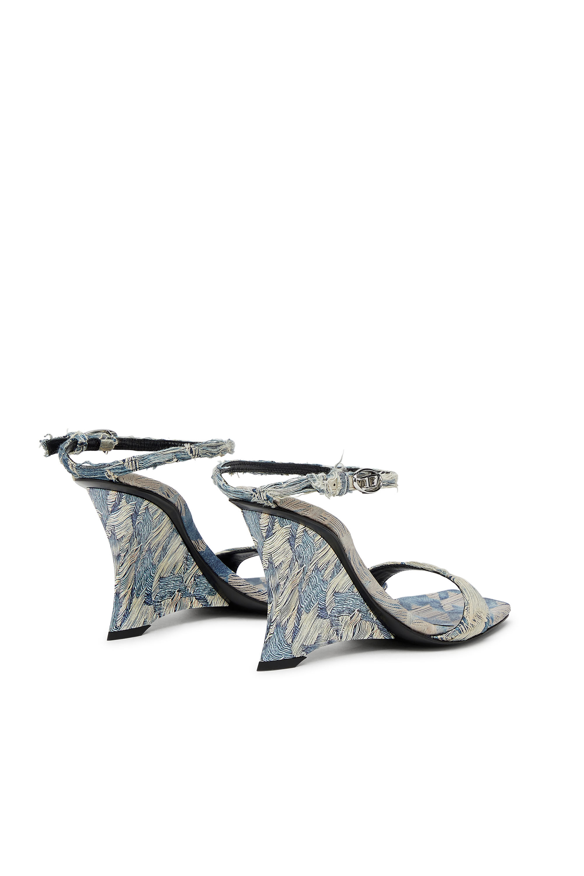 Diesel - D-AMBER SANDAL WEDGE, Sandales à talons compensés en denim jacquard Femme in Bleu - 2