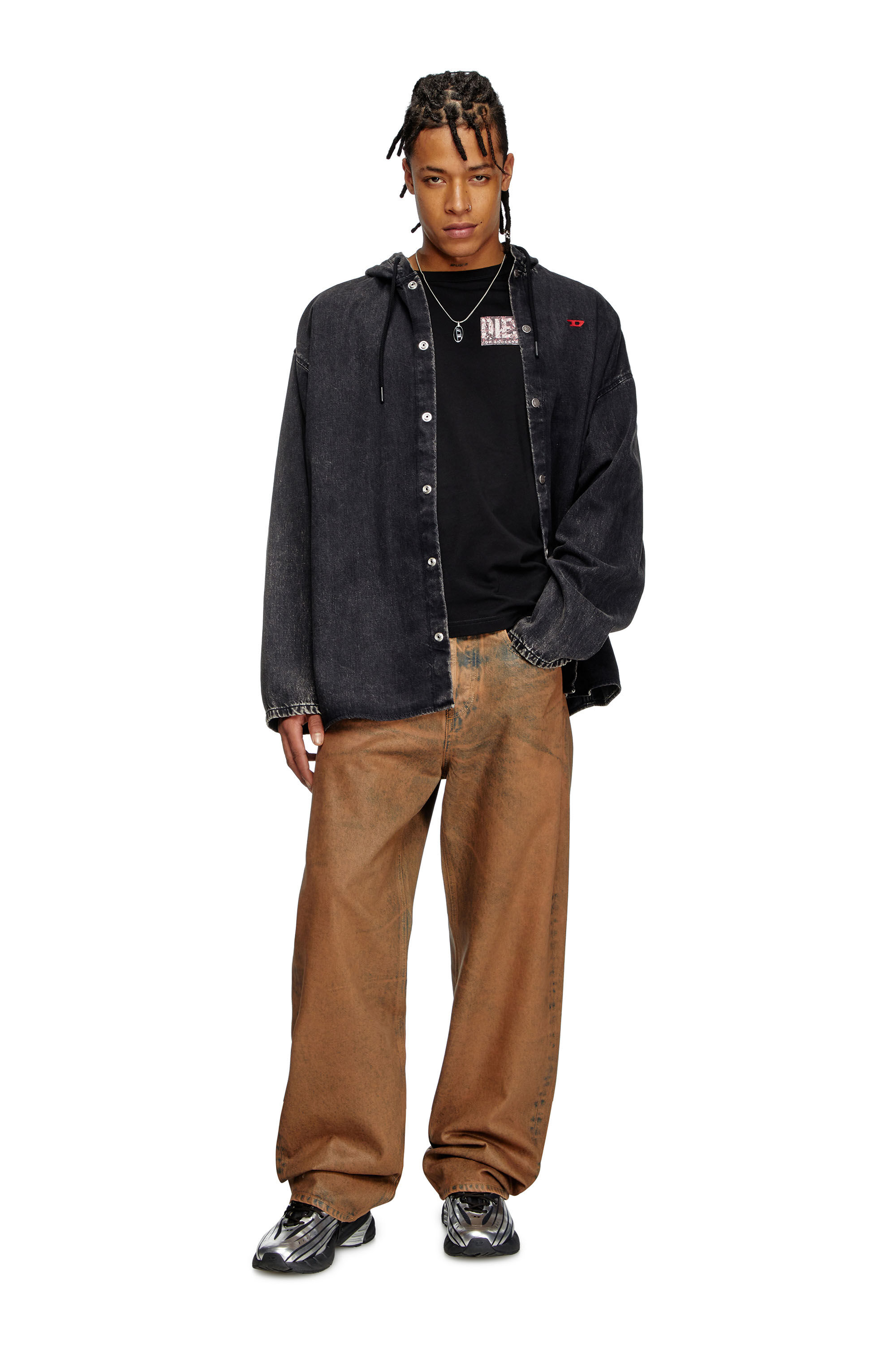Diesel - T-ADJUST-R19, T-shirt avec empiècement en gabardine Homme in Noir - 1