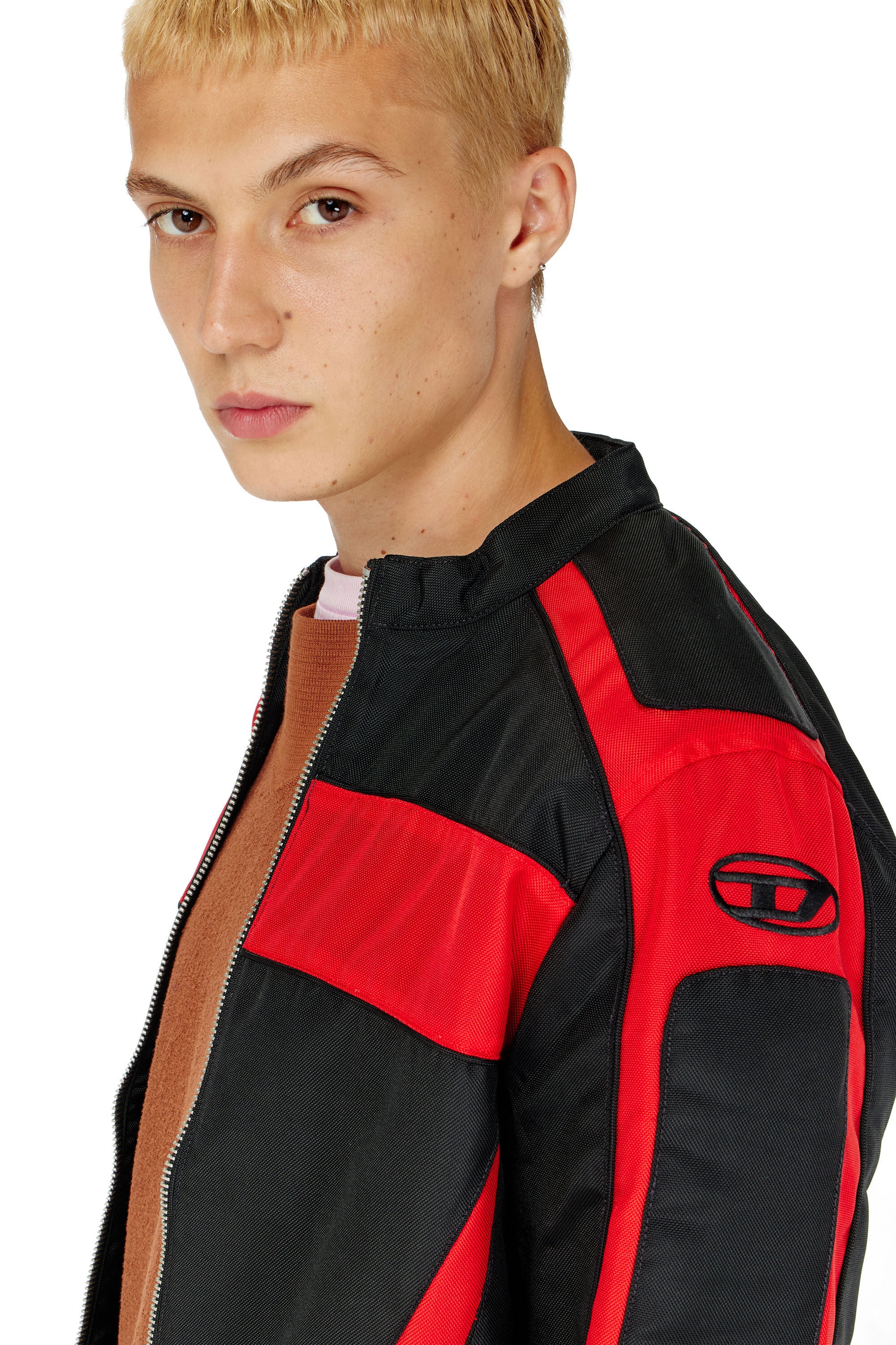Diesel - J-ADAM-PDAI, Herren Bikerjacke im Colourblock-Design aus Canvas in Schwarz/Rot - 5
