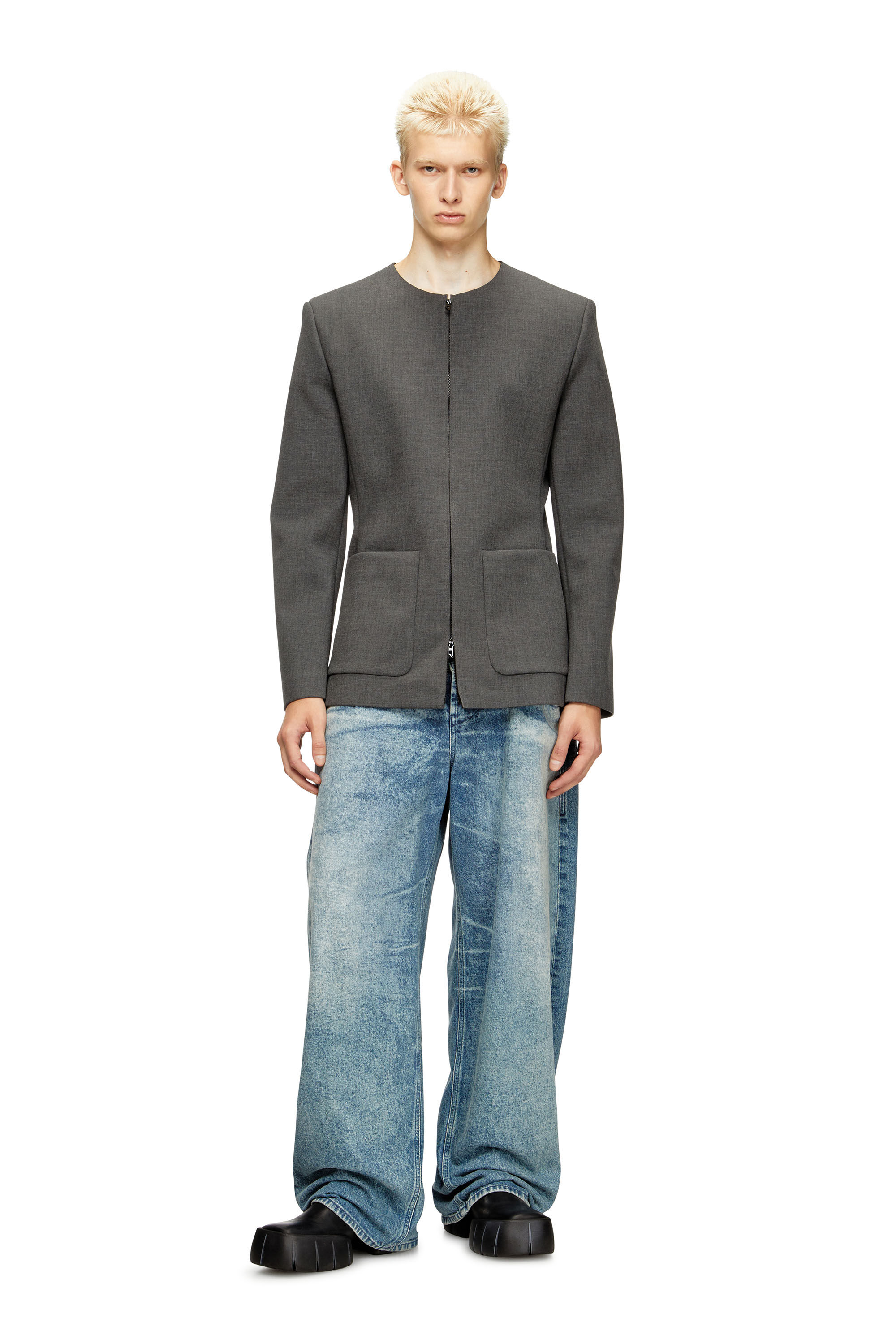 Diesel - J-CESAR-NEO, Veste sans col en tissu contrecollé néoprène Homme in Gris - 1