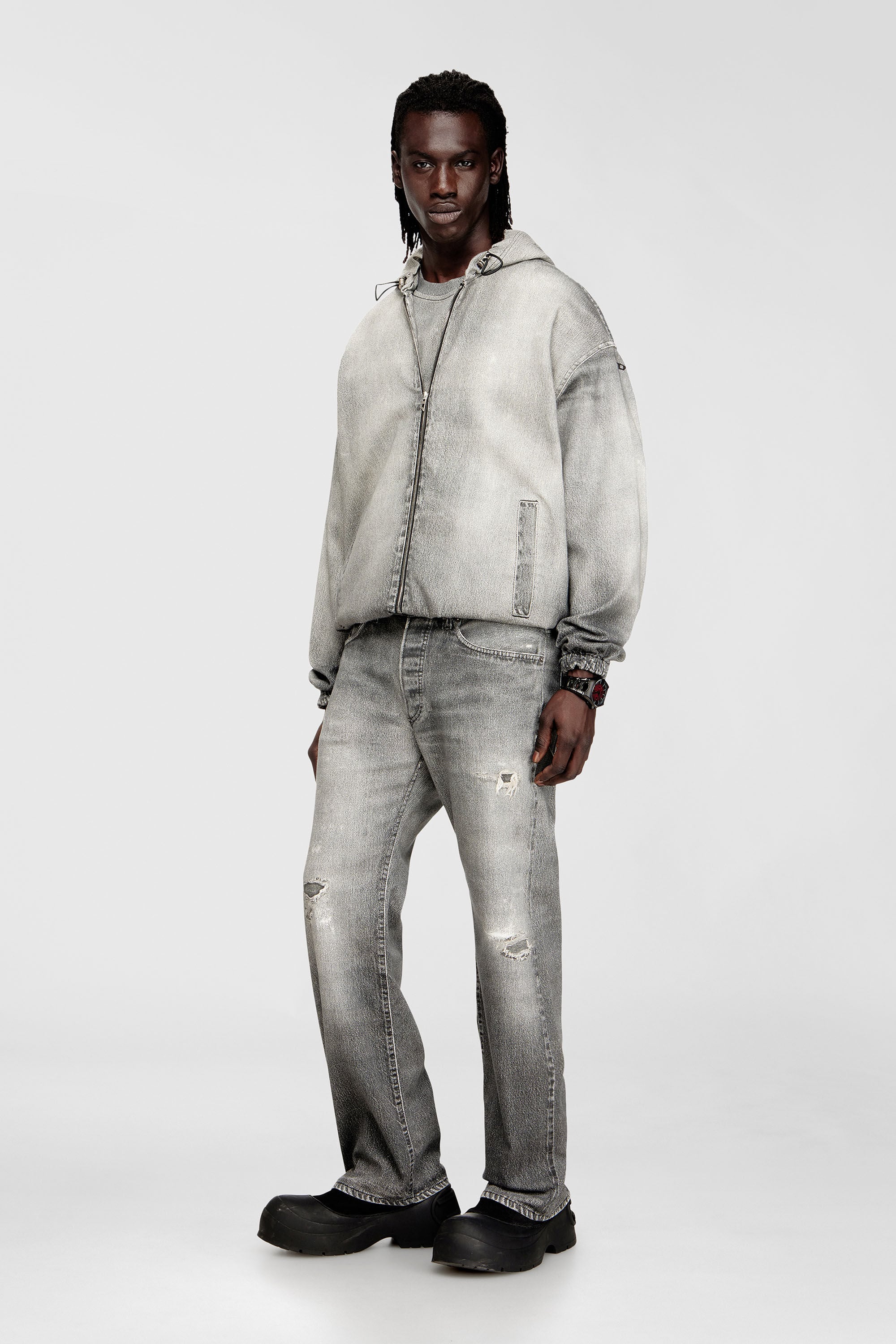 Diesel - D-WYNNY JOGG, Veste &agrave; capuche en trompe-l'&oelig;il JoggJeans Homme in Gris - 1