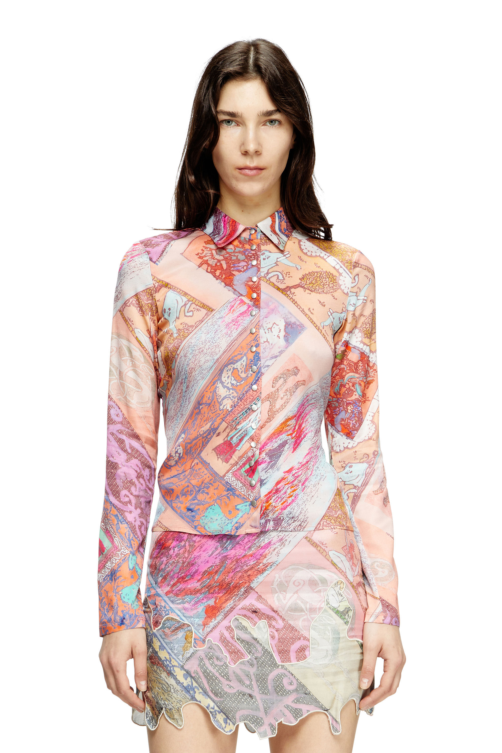 Diesel - C-AMELIA, Chemise en viscose stretch avec imprimé héraldique Femme in Rose - 3