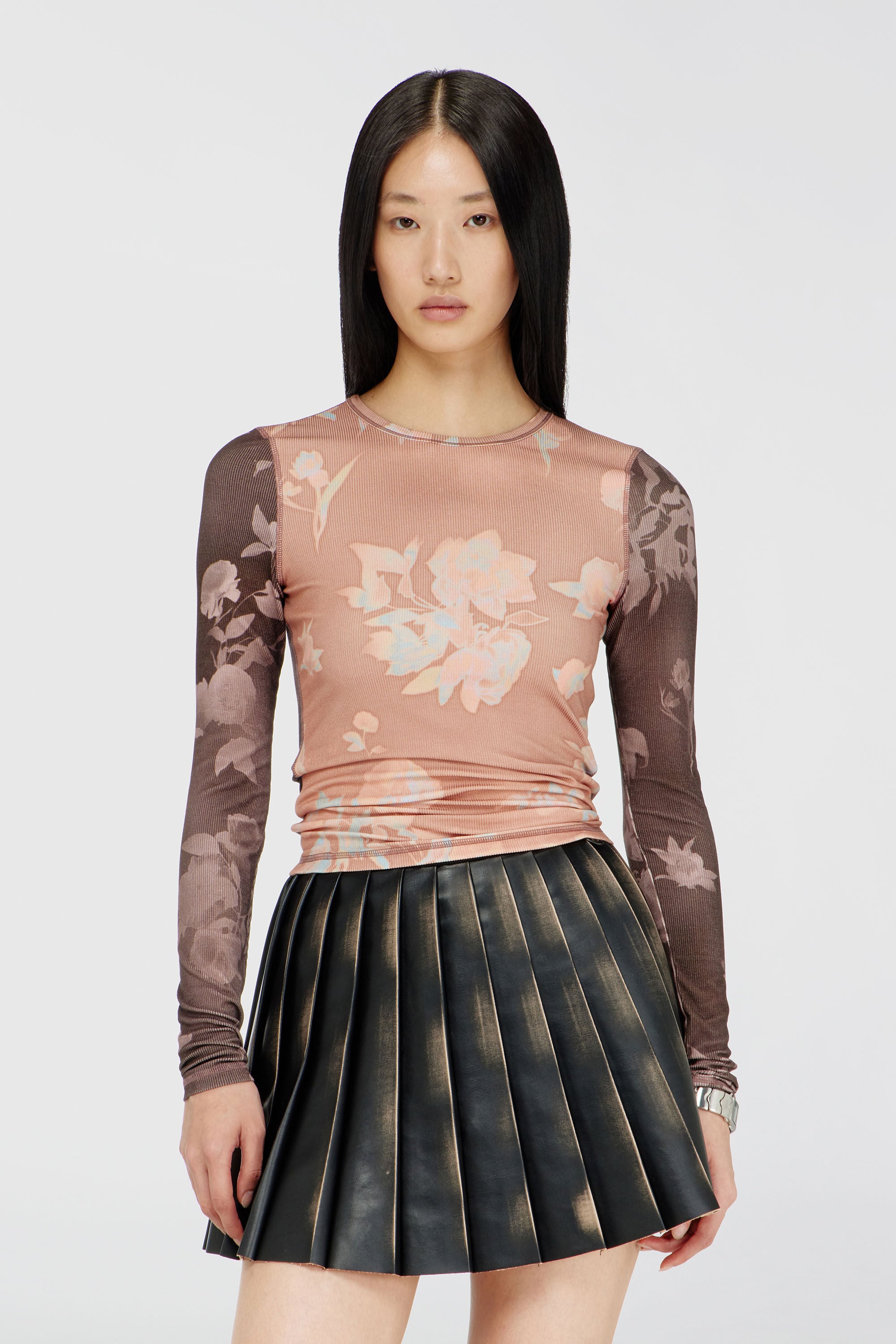 Diesel - T-MOKY-LS, Top in jersey a costine con stampa floreale Donna in Rosa - 3