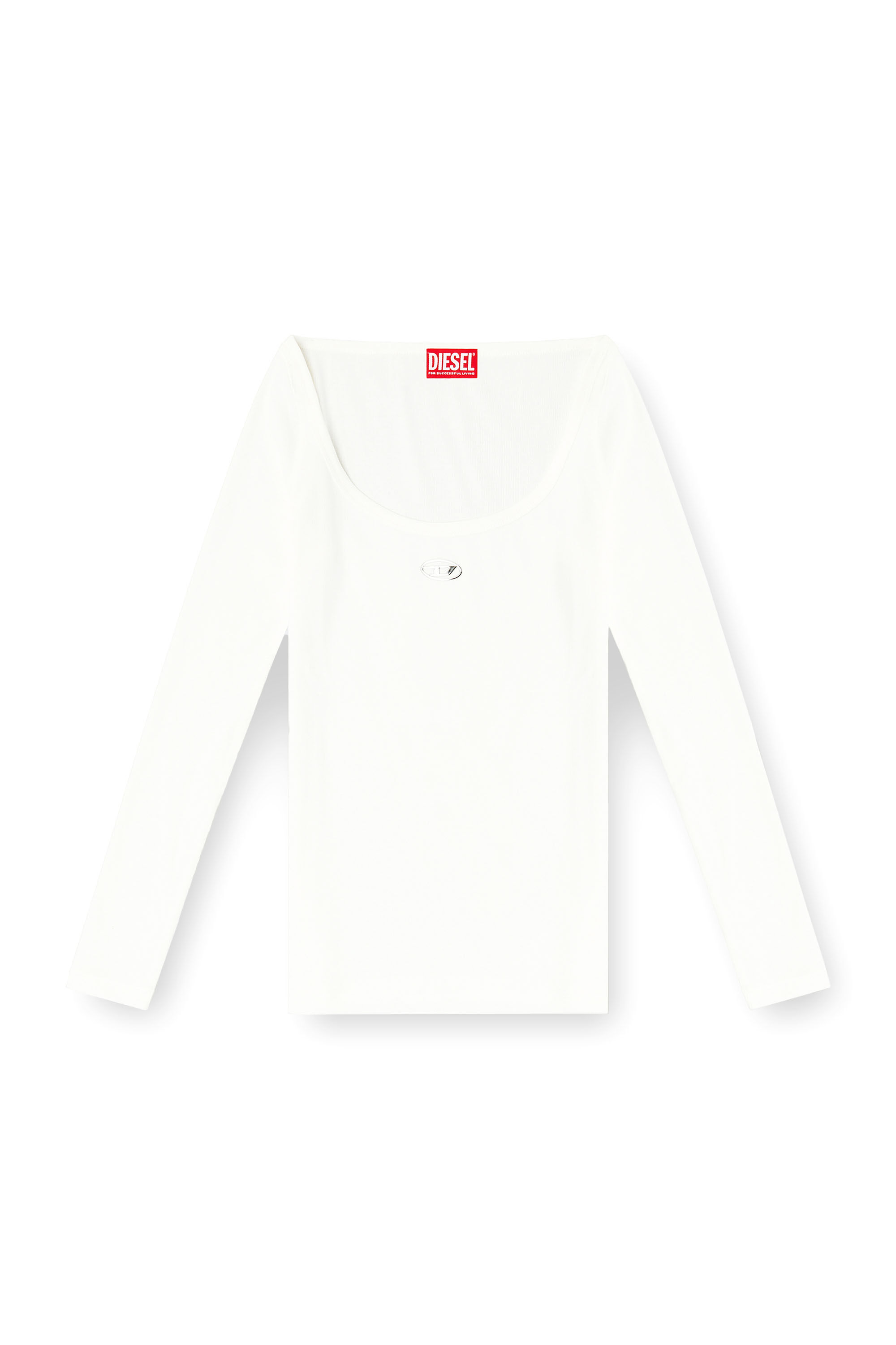 Diesel - T-BAL-OD, Top a maniche lunghe a costine con Oval D metallico Donna in Bianco - 2