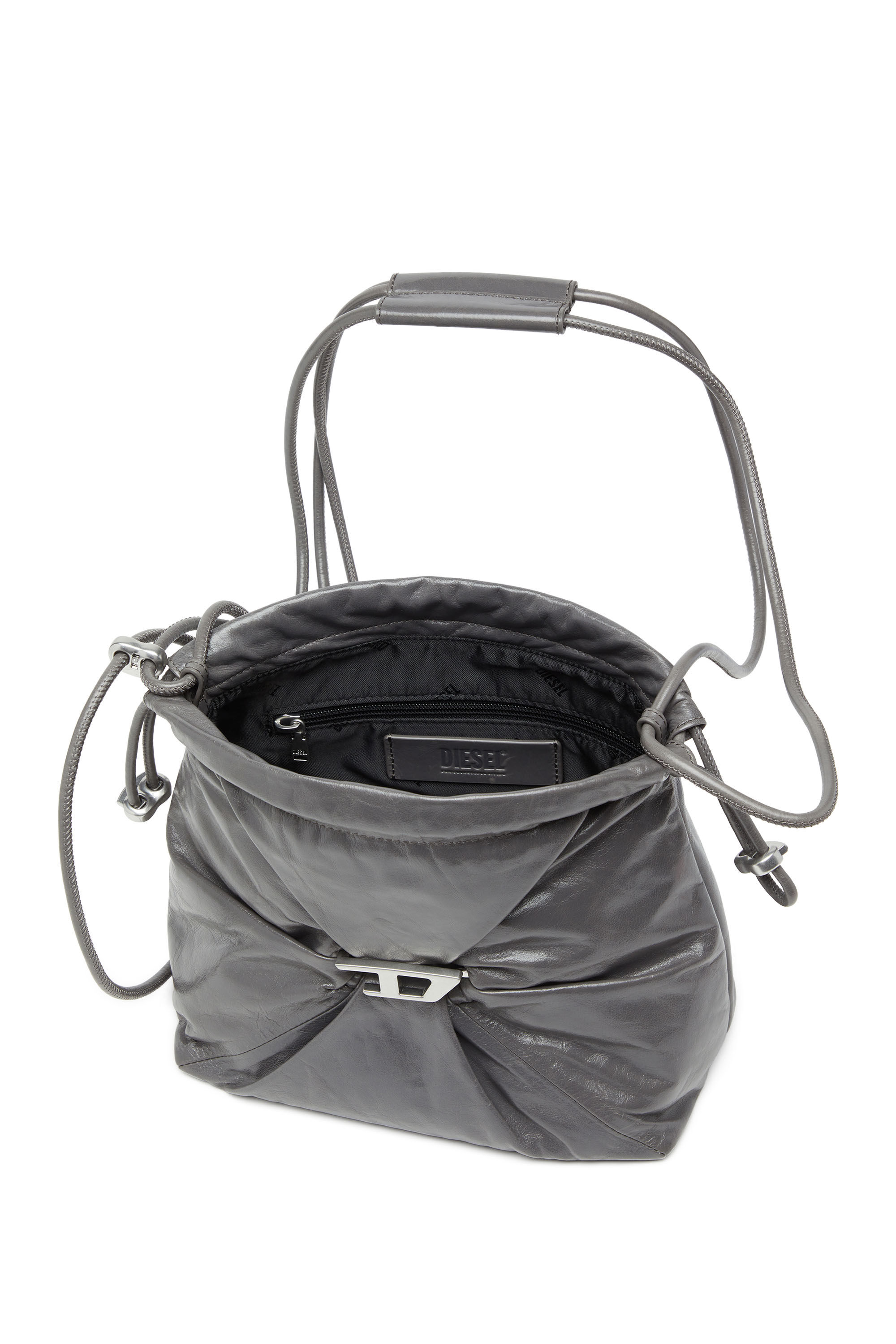Diesel - SCRUNCH-D BUCKET, Scrunch-D-Borsa bucket in pelle lucida stropicciata Donna in Grigio - 5