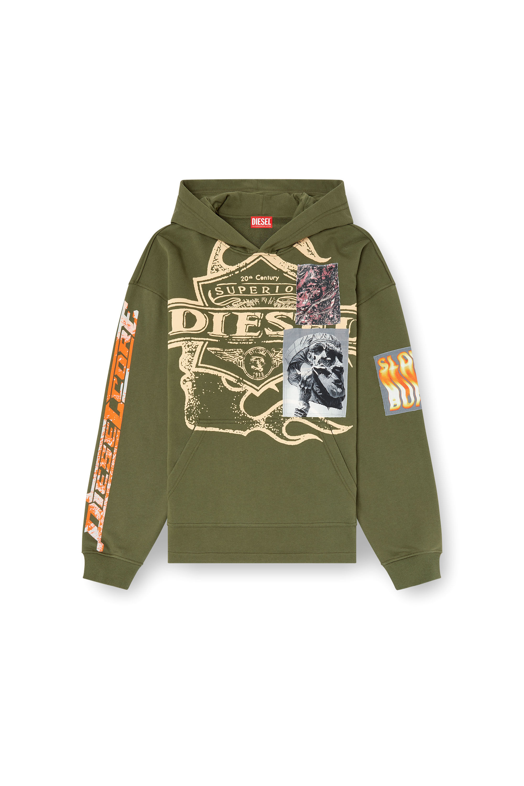 Diesel - S-BAXT-HOOD-R1, Sweat-shirt à capuche avec imprimés et empiècements à logo Homme in Vert - 2