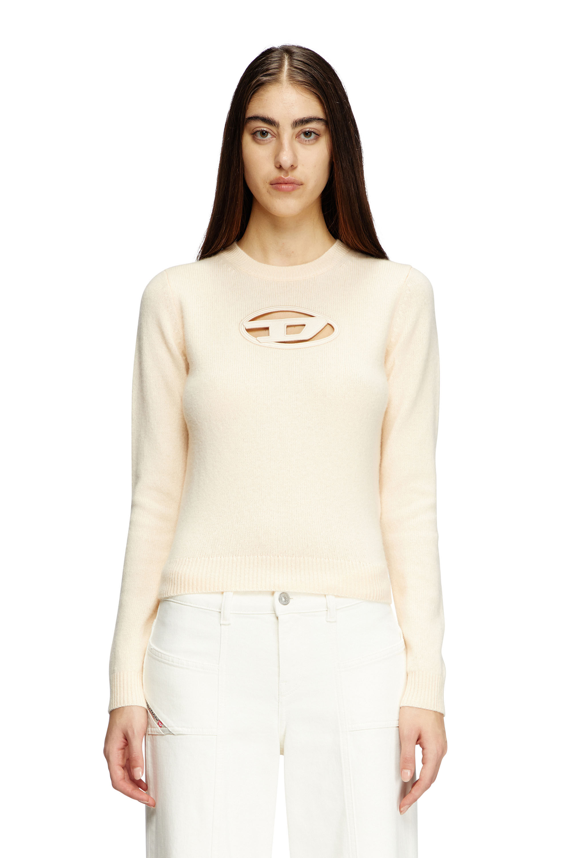 Diesel - M-AREESA-SLIM, Maglia in misto cashmere con logo cut-out Donna in Beige - 3