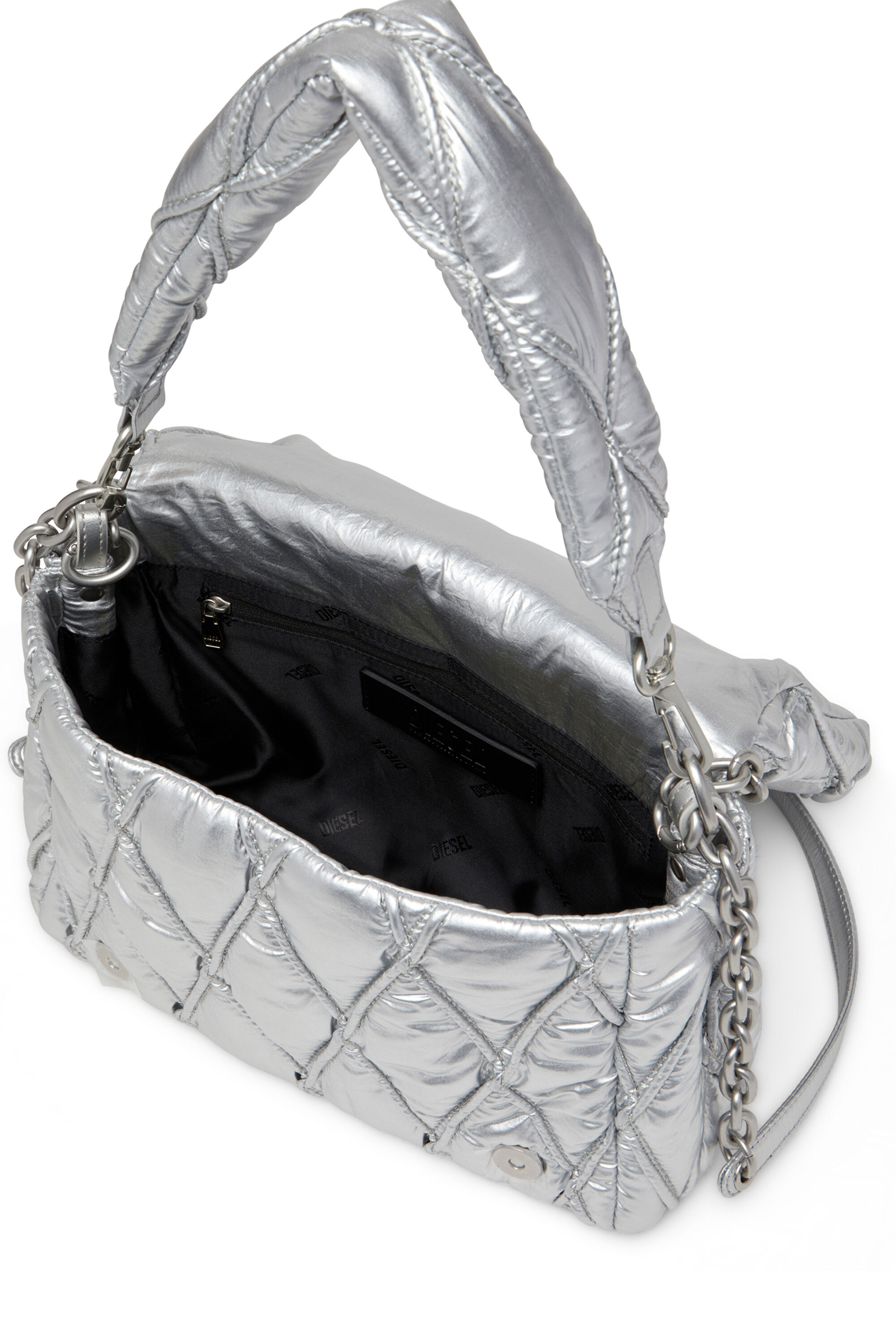 Diesel - CHARM-D SHOULDER M, Charm-D M-Borsa a spalla in nylon metallizzato trapuntato Donna in Argento - 5