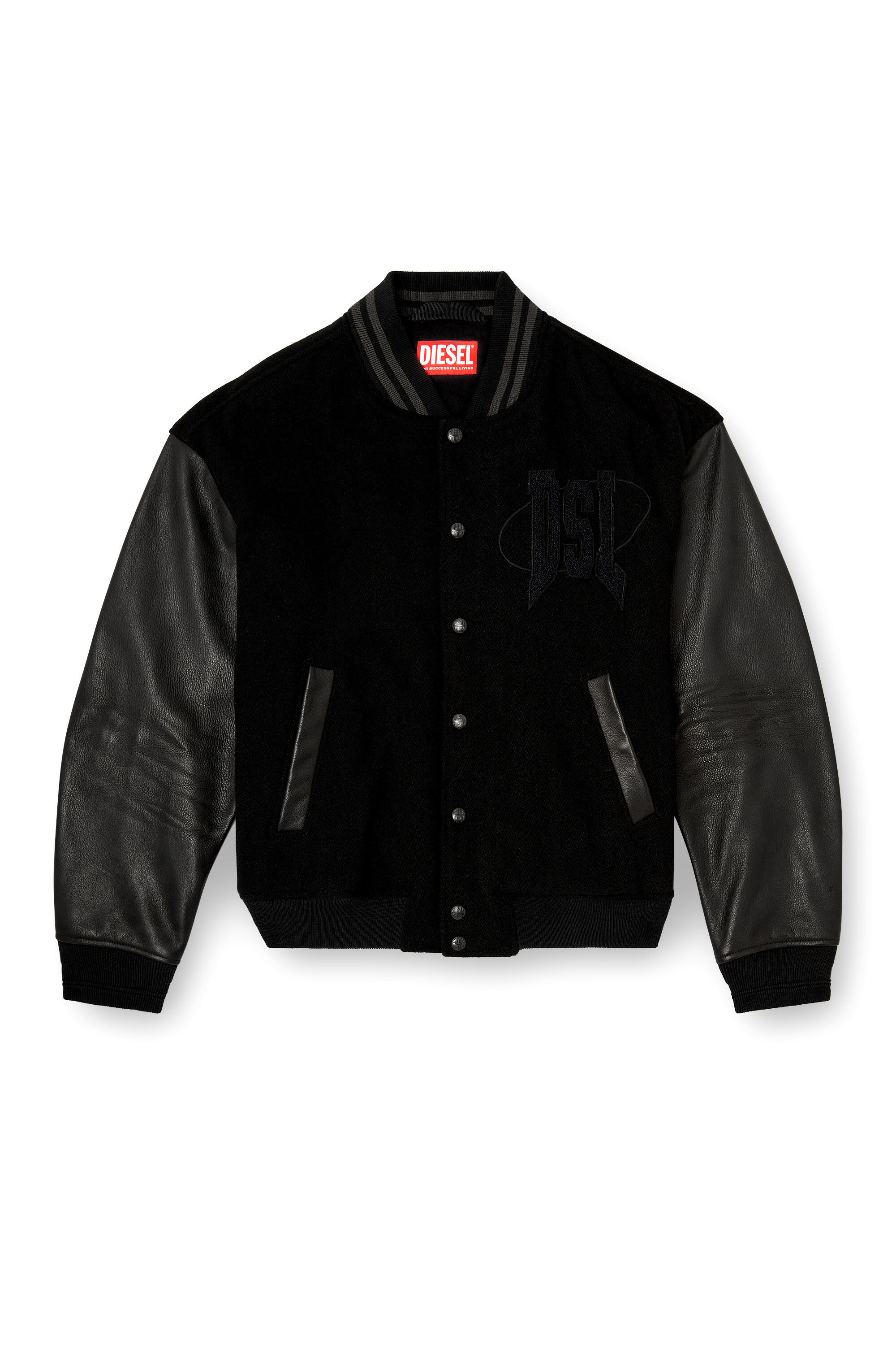Diesel - L-NYMAN, Bomber varsity in cotone e pelle Uomo in Nero - 2