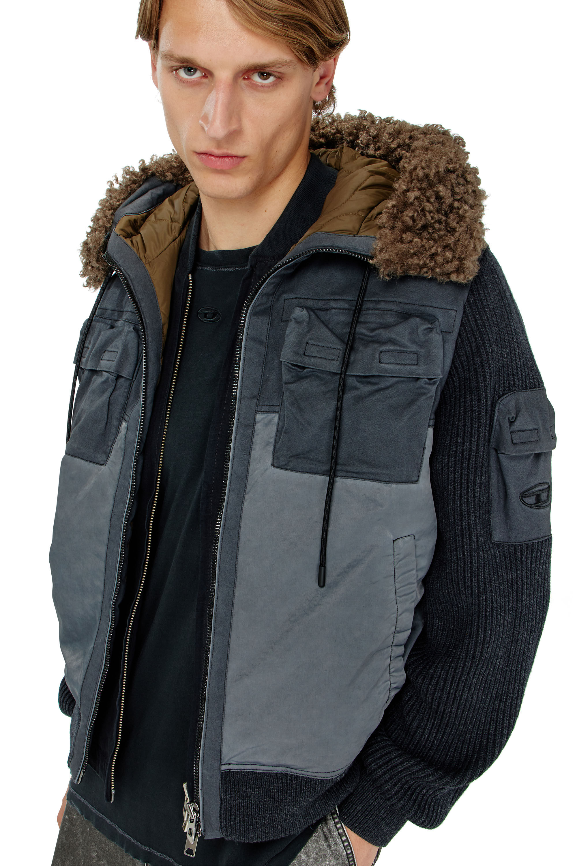 Diesel - W-DELLS, Veste &agrave; capuche matelass&eacute;e avec manches en maille Homme in Bleu - 5