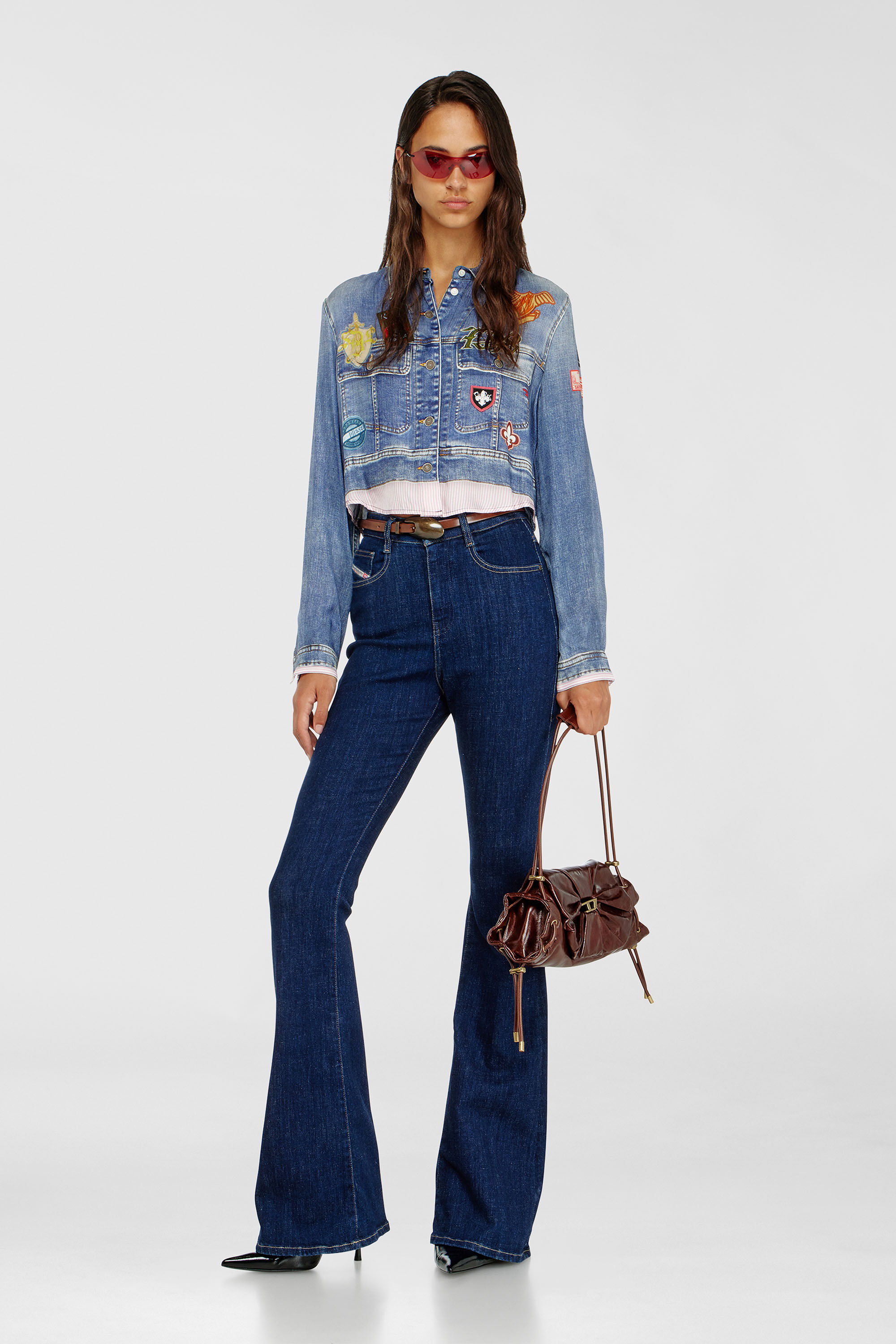 Diesel - C-LONE, Damen Cropped-Satinhemd mit trompe-l&rsquo;oeil-Denim-Print in Mittelblau - 1