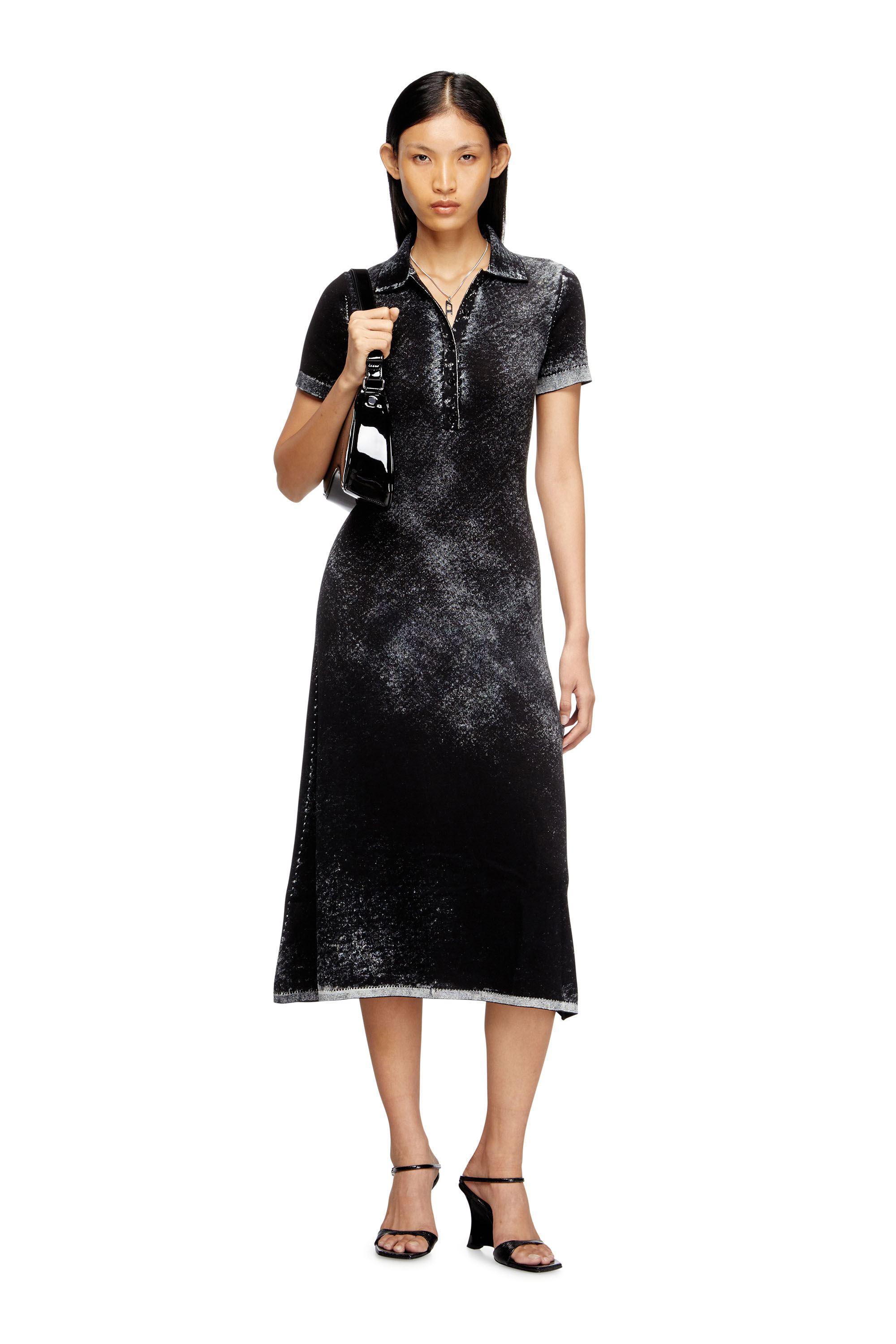 Diesel - M-LOURENS, Damen Midi-Polokleid aus umgekehrt bedrucktem Strick in Schwarz - 3