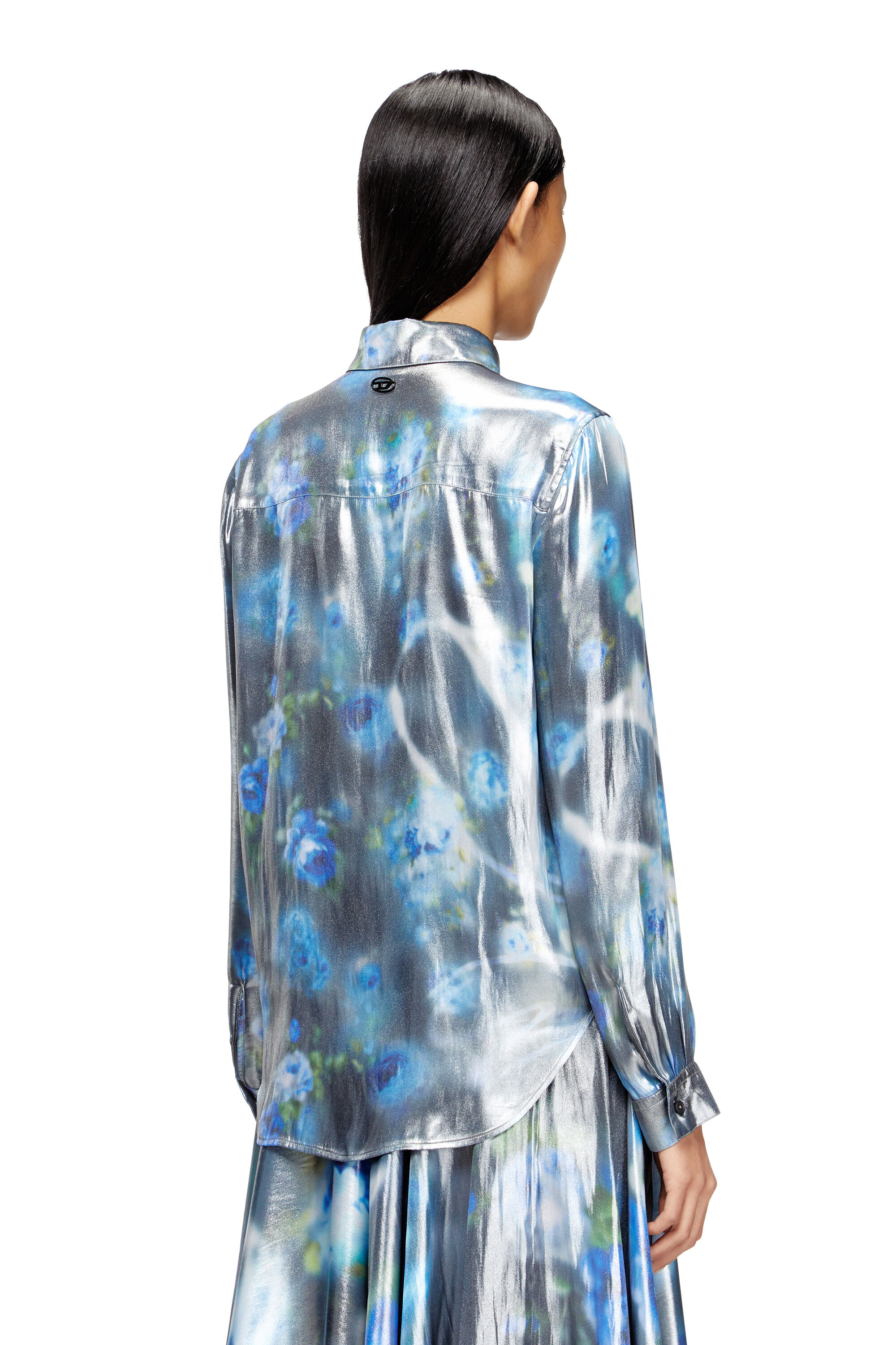 Diesel - C-RONOR-S2, Chemise métallique avec imprimé de roses floues Femme in Bleu - 4