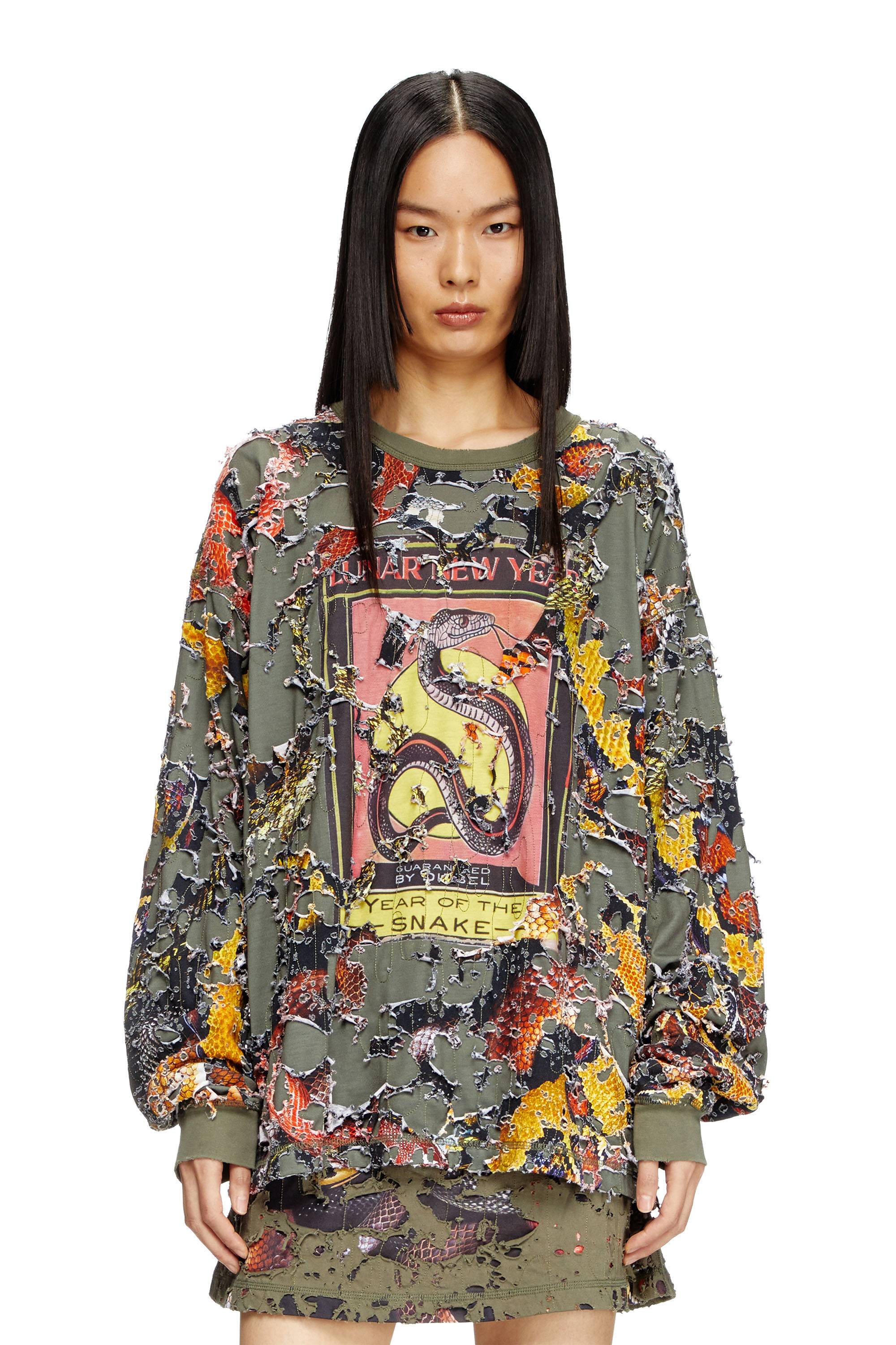 Diesel - CL-T-BOXT-LS-DEVOR-SNAKE, T-shirt à manches longues avec imprimé serpent effet destroy Mixte in Vert - 5