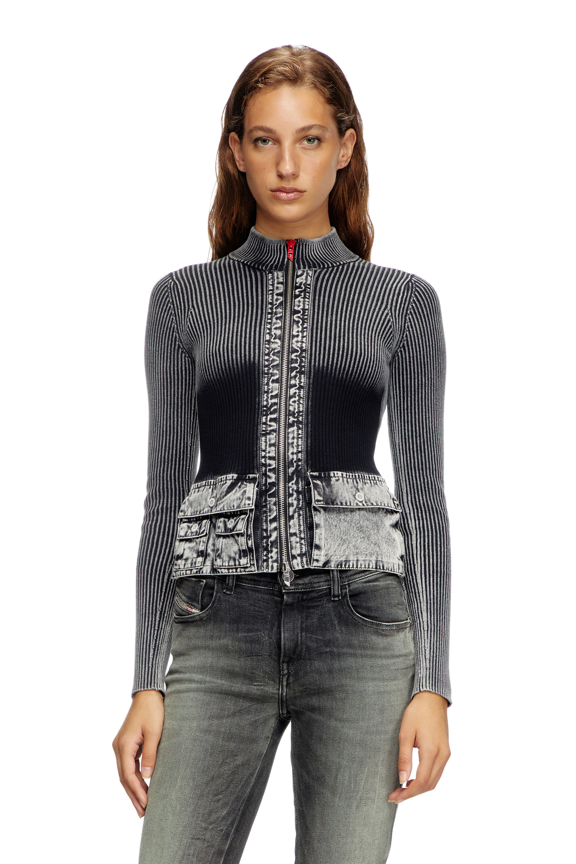 Diesel - M-MELISSA, Cardigan zippé avec poches cargo en denim Femme in Gris - 3