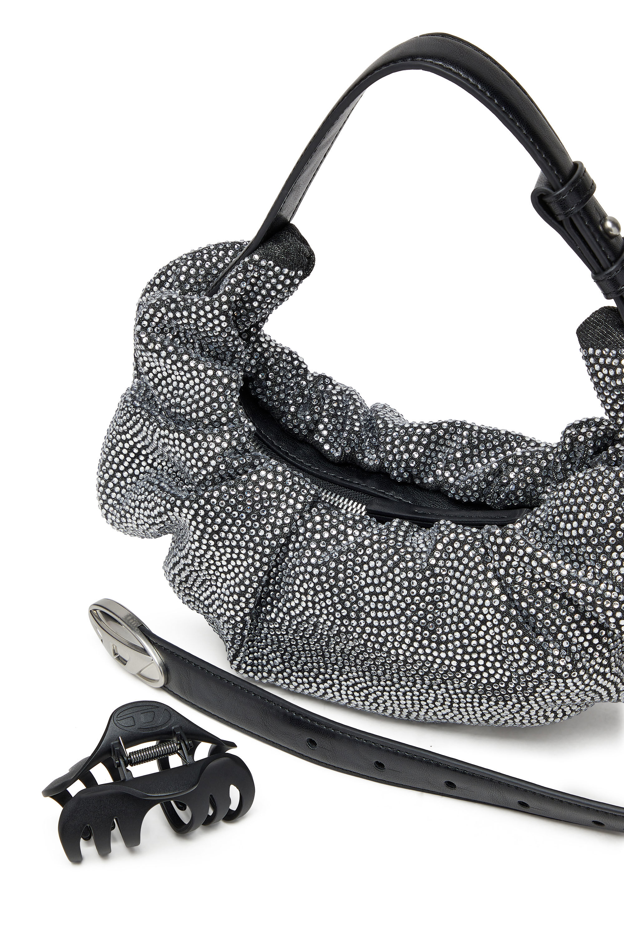 Diesel - GRAB-D HOBO S, Damen Kleine zerknitterte Hobo-Tasche aus Crystal Denim in Schwarz - 2