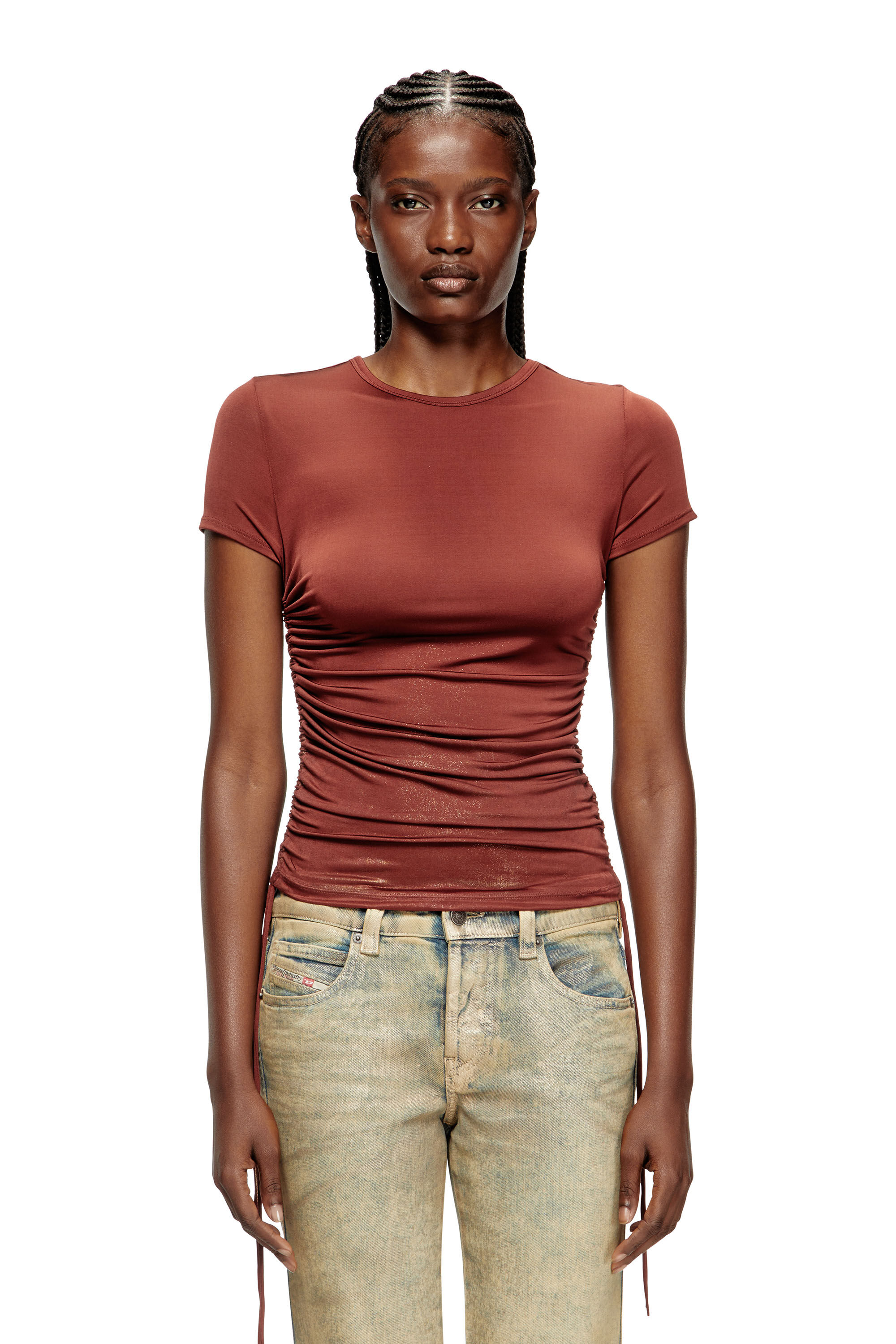Diesel - T-REY, Damen Jersey-Top mit Kordelzug an den Seiten in Braun - 3