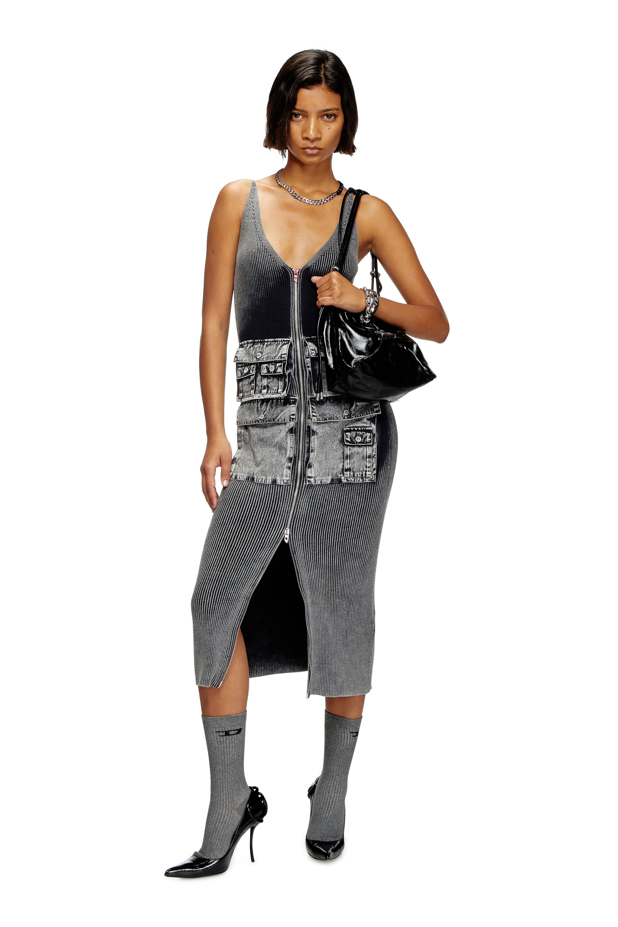 Diesel - M-MELTI, Abito corto a coste con tasche a contrasto Donna in Grigio - 1