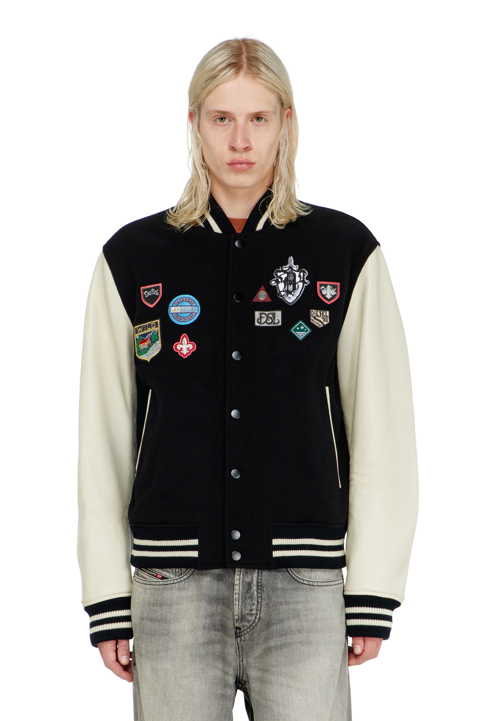 Diesel - L-ARRY-PATCH, Herren Bomberjacke aus Wolle und Leder mit Patches in Weiss/Schwarz - 5