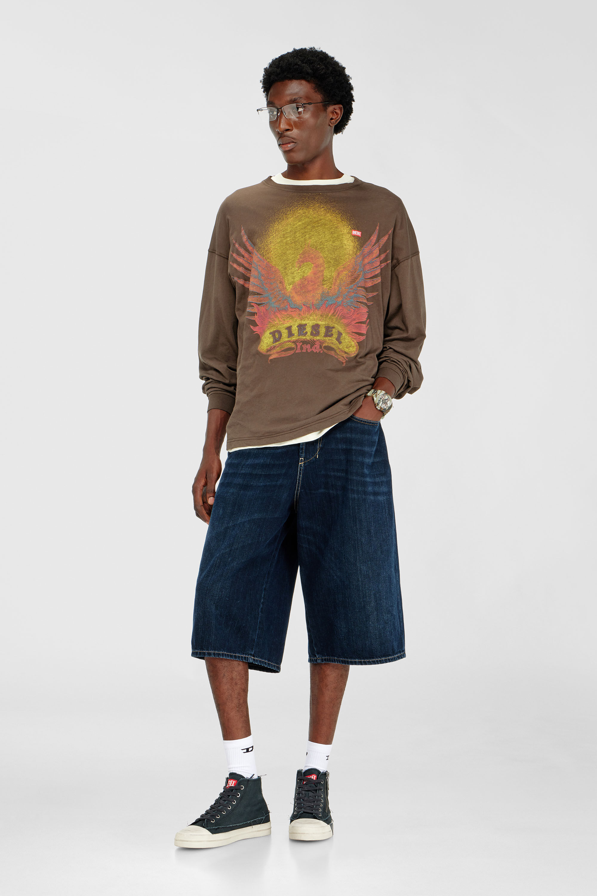 Diesel - T-BOXT-LS-AA1, Herren Langarm-T-Shirt mit Phoenix-Motiv in Braun - 1