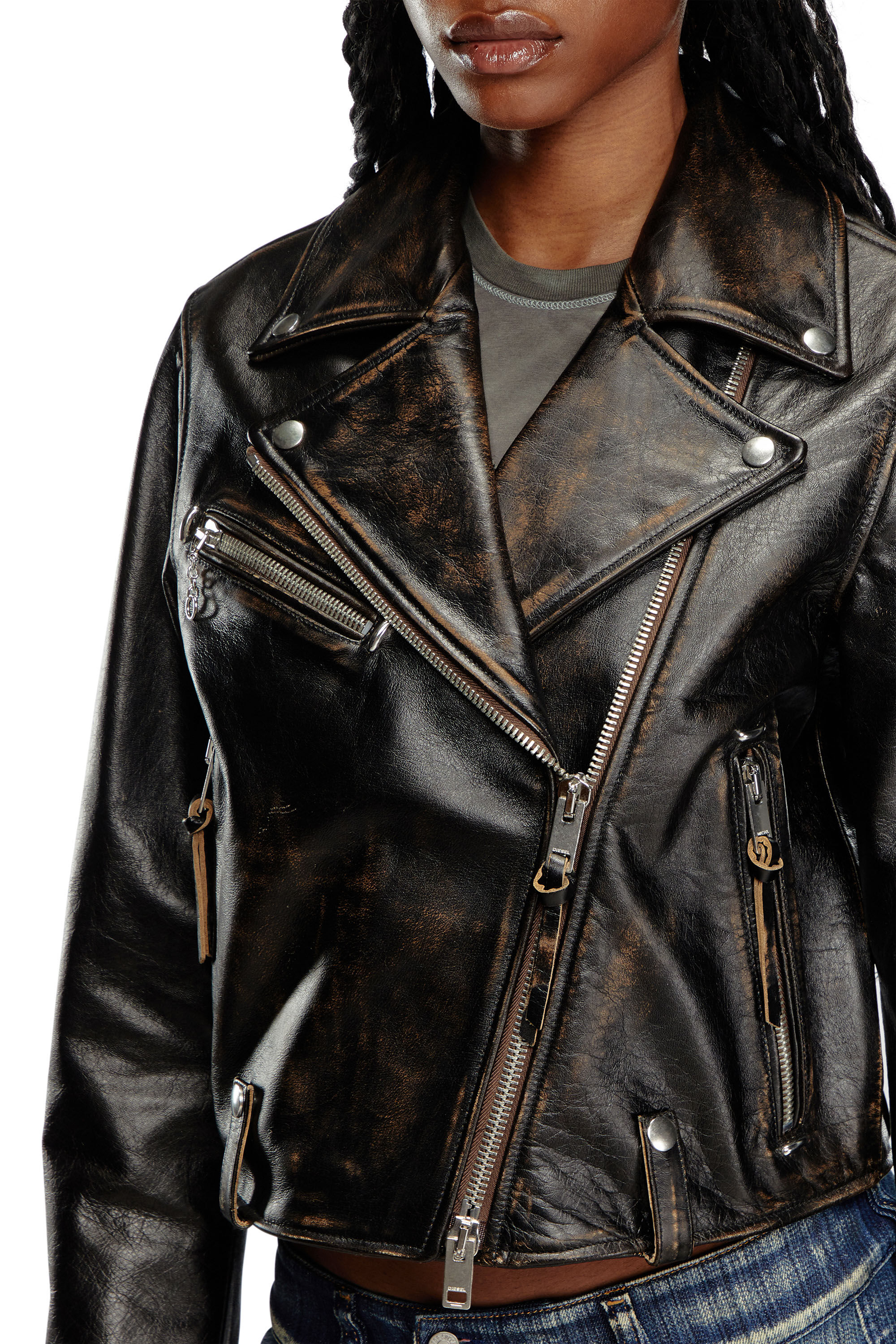 Diesel - L-EDMEA-CL, Woman Biker jacket in treated leather in Black - Image 5