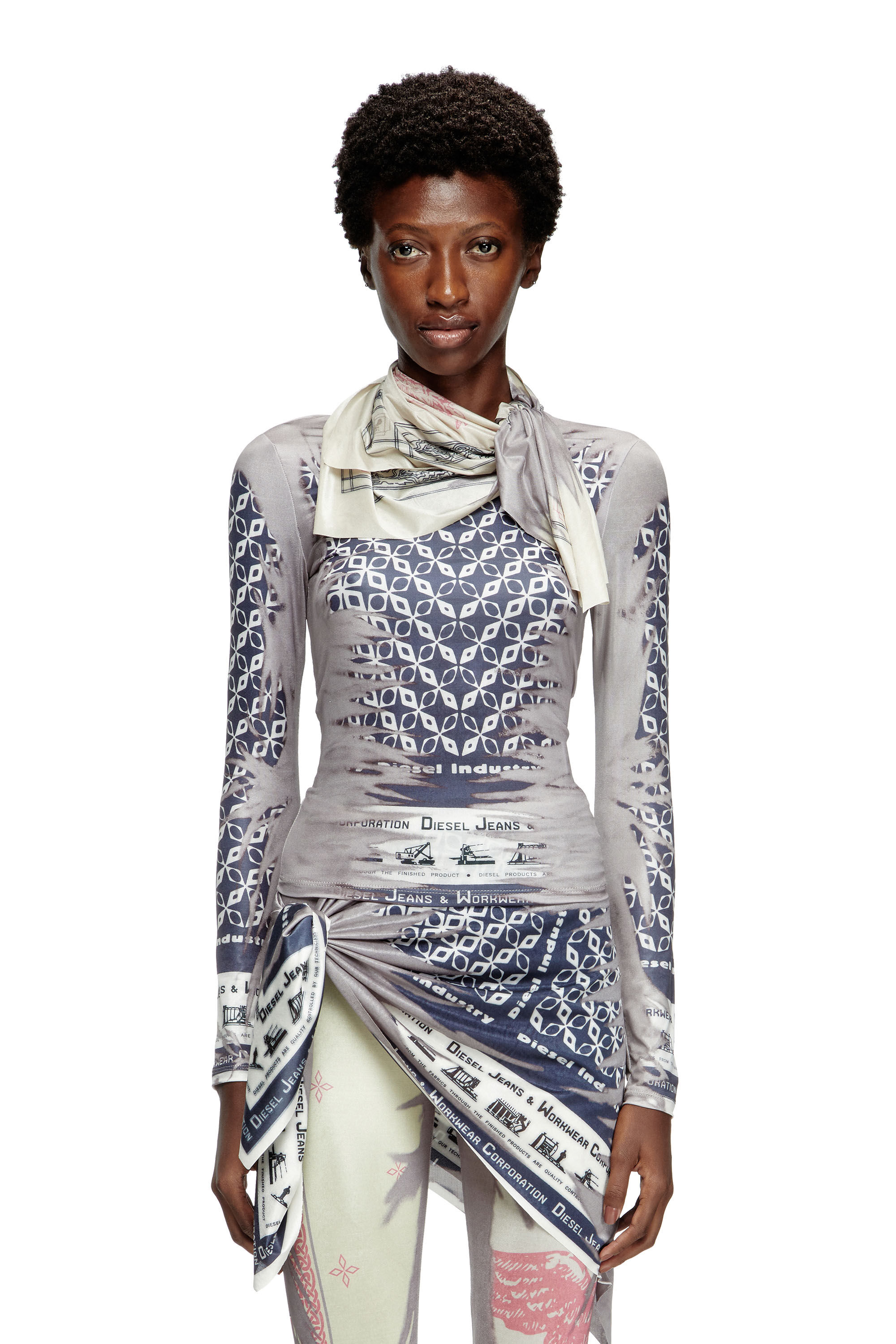 Diesel - T-ANDA, Damen Oberteil mit Bandana-Bindeband in Blau/Weiss - 3
