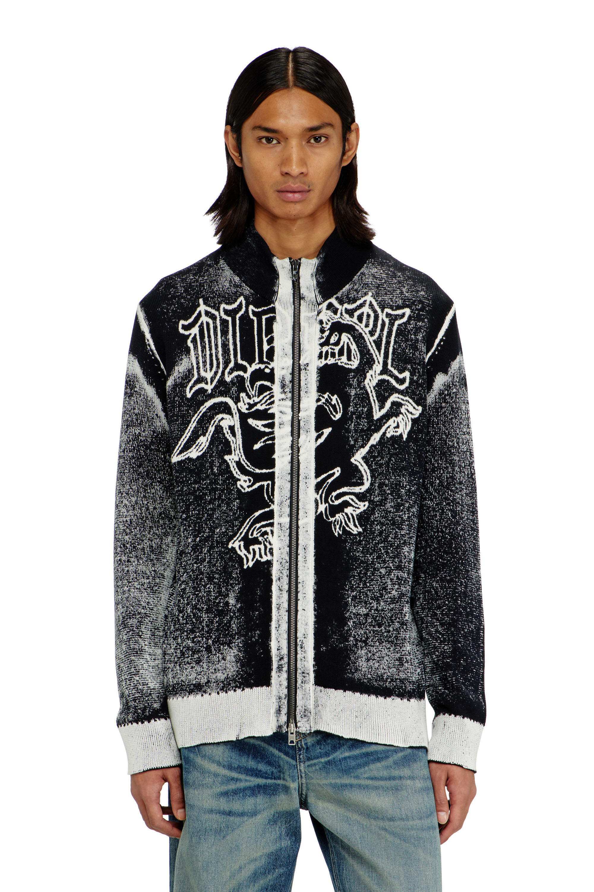 Diesel - K-LAUROS, Herren Behandelter zip-cardigan mit griffin-motiv in Schwarz/Weiss - 3