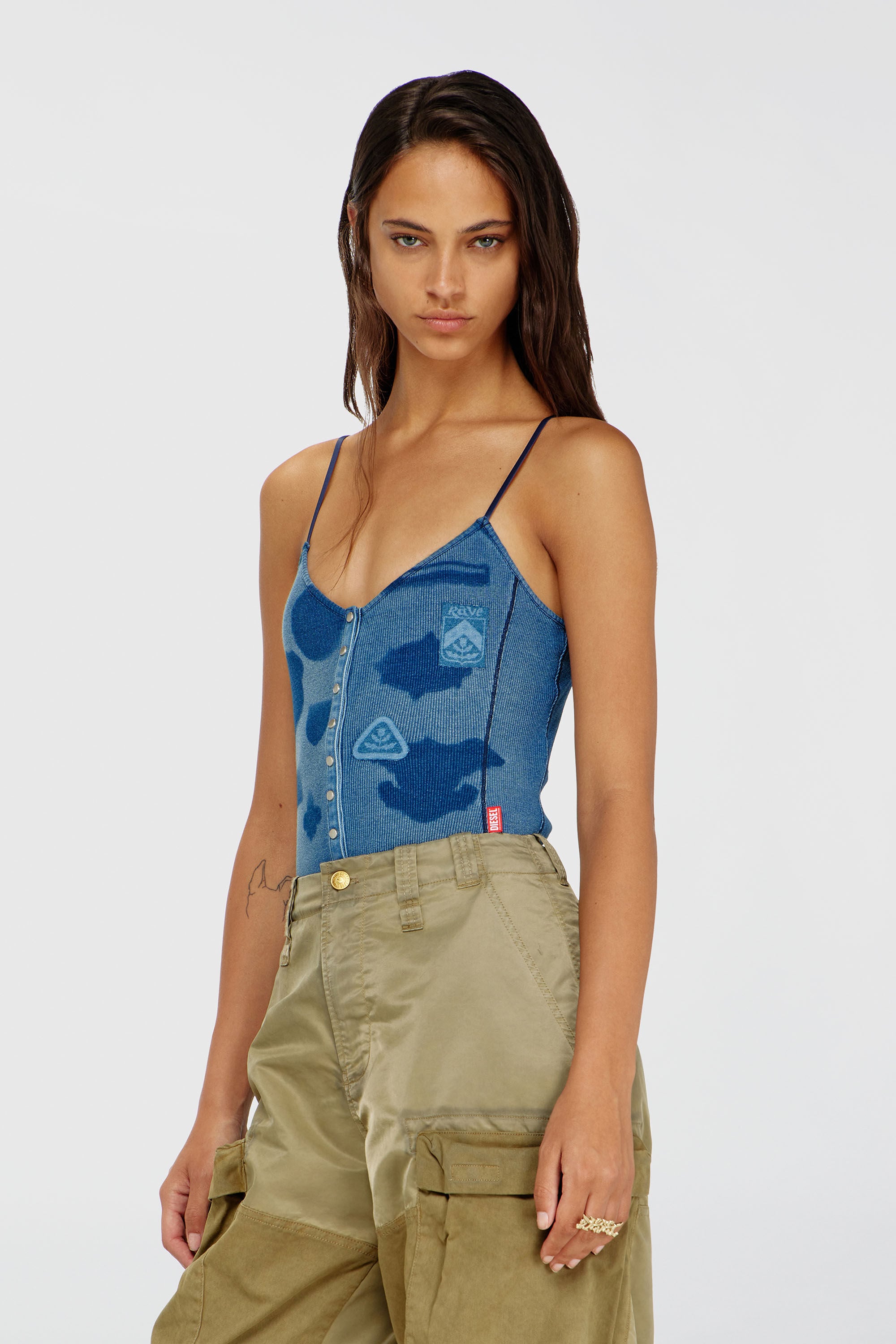 Diesel - T-LEY-AA1, Damen Body aus Rippjersey mit Shadow-Patch-Effekten in Mittelblau - 3
