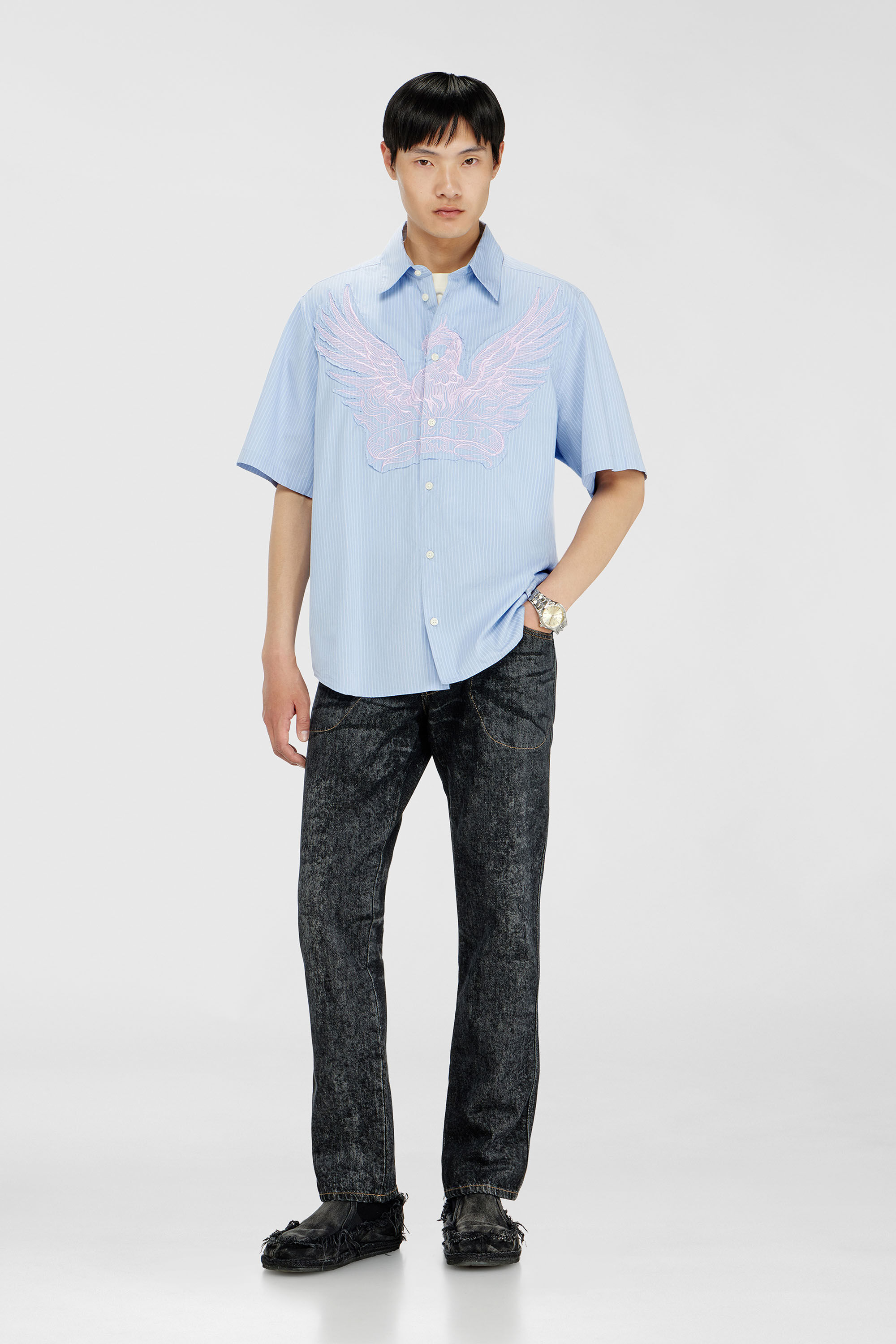 Diesel - S-SIMPLY-SS-AGCZ, Camicia in popeline a righe con patch ricamato Uomo in Blu - 1